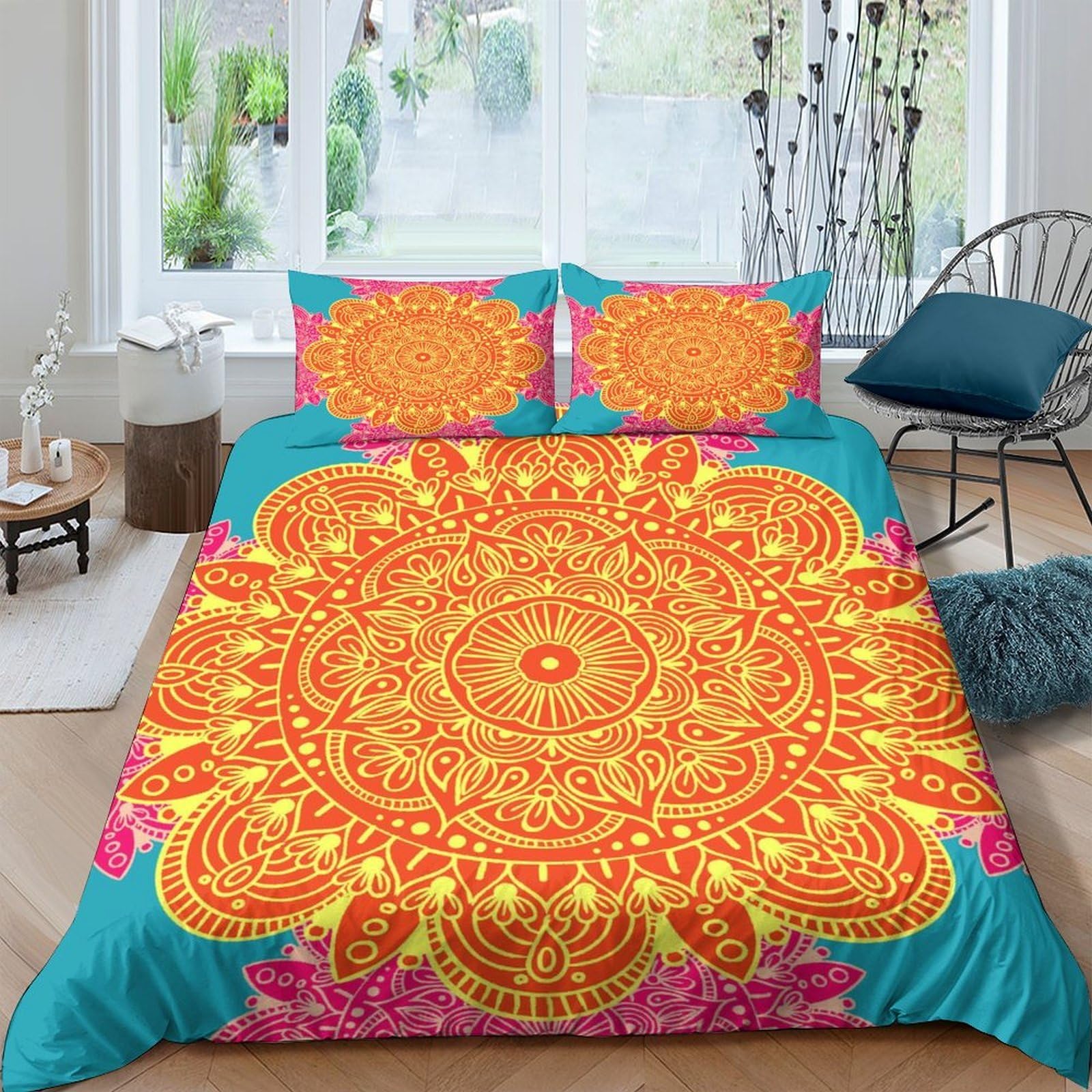 Ctjqhvkz Style-8 3D Printed Mandala Sun Fitted Sheet Microfiber Orange Blue Boho Lotus Bed Cover Bedroom Decor Mattress Protection Single（135X200cm）