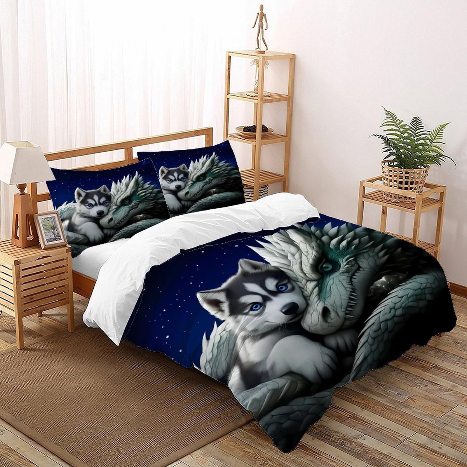 Housse de couette dragon chiot microfibre 260x220 cm avec 2 taies