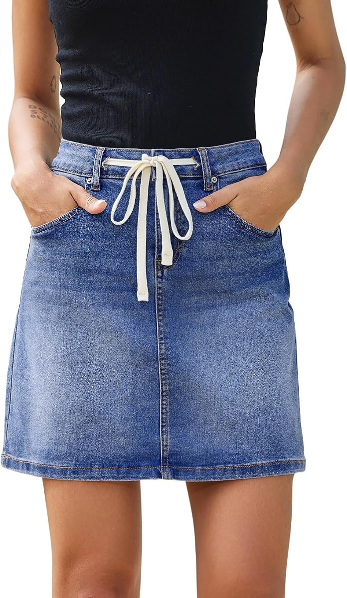 Sidefeel Women's Jean Skirt High Waist Drawstring Stretchy Casual Summer Loose Fit Trendy Mini Denim Skirt with Pockets