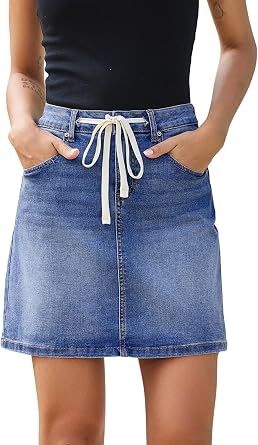 Sidefeel Womens Jean Skirt High Waist Drawstring Stretchy Casual Summer Loose Fit Trendy Mini Denim Skirt with Pockets