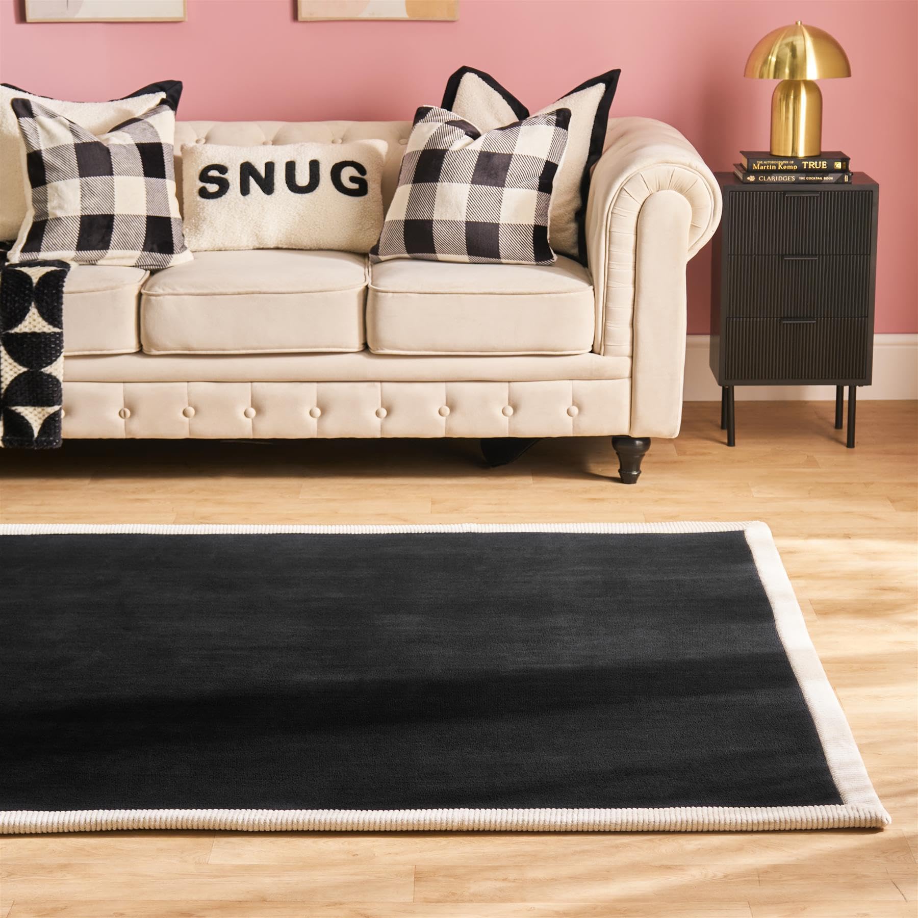 OHS Area Rugs for Bedroom, Soft Fluffy Contrast Border Rugs for Living Room Home Decorative Modern Non Slip Low Pile Medium Rug Floor Carpet, Black/Cream - 120 x 170cm