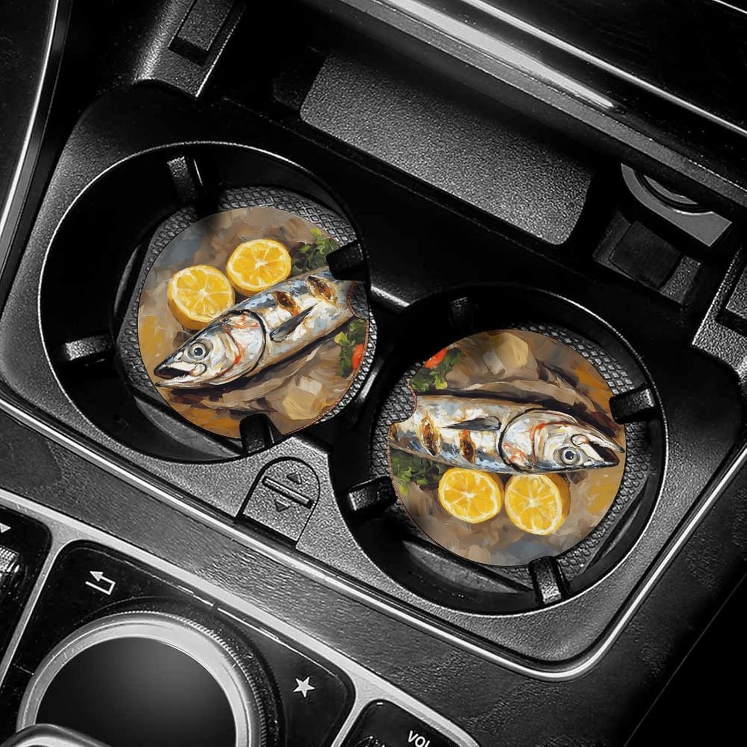 Mackerel Fish with Lemon and Tomatoes Car Cup Holder Coaster with Cork Base 2.6 Inches Anti Slip