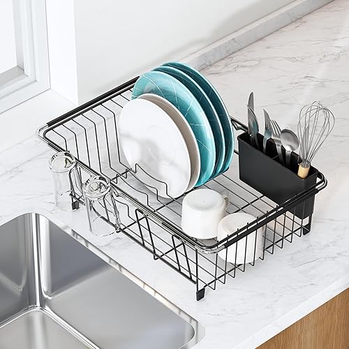 Miniatura 7 de Escurridor de platos extensible sobre el fregadero en acero inoxidable para cocina pequeña, ahorro de espacio en la encimera, moderno y compacto de