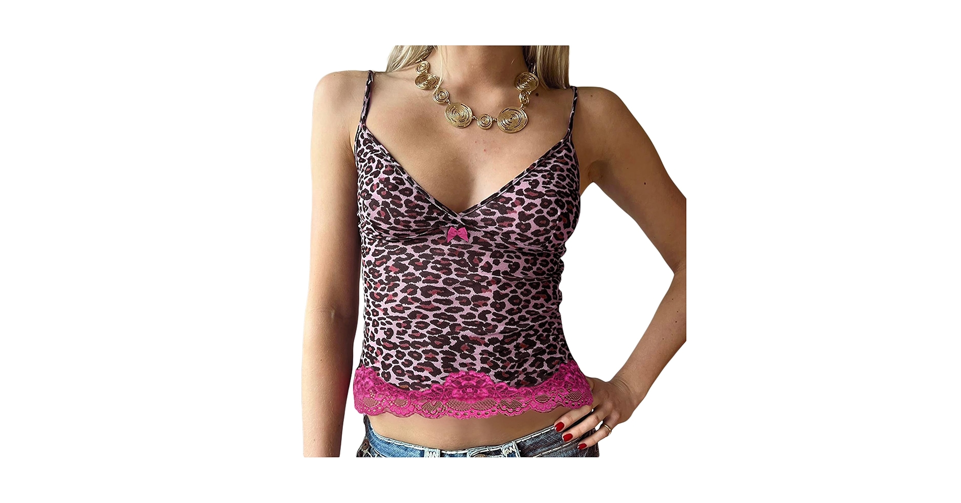 Women Y2k Lace Trim Camisole Sleeveless Leopard Print Cami