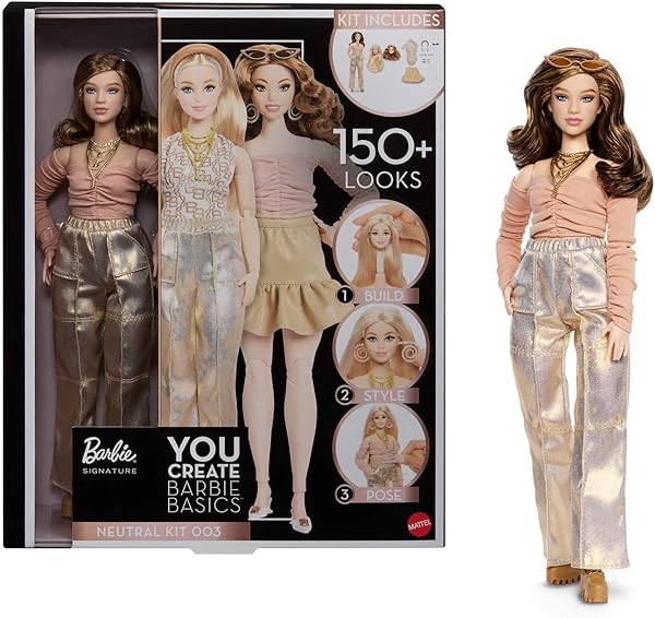 Barbie Basics You Create Neutral Kit 003 mit individuell gestaltbarer Modepuppe und Mode in universeller Passform, beweglichem Körper und austauschbarem Kopf, JJX37