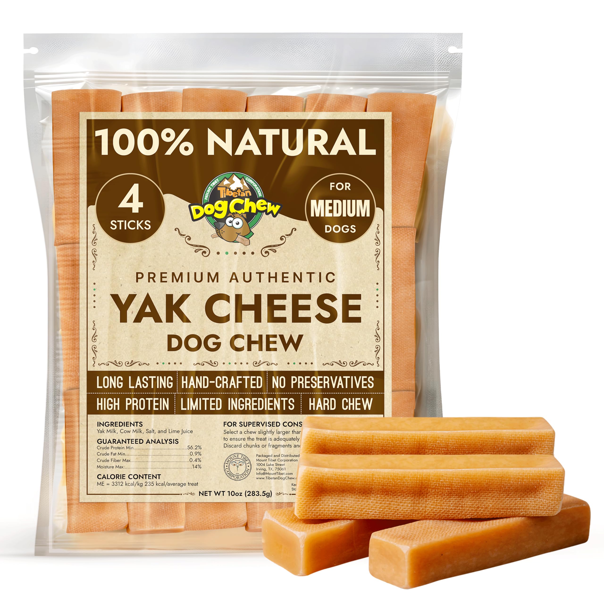Tibetan Yak Cheese Dog Chew Sticks (4 Medium Chews) - Natural, Handmade, Long-Lasting, Easy to Digest, Ideal for Medium Dogs and Aggressive Chewers,