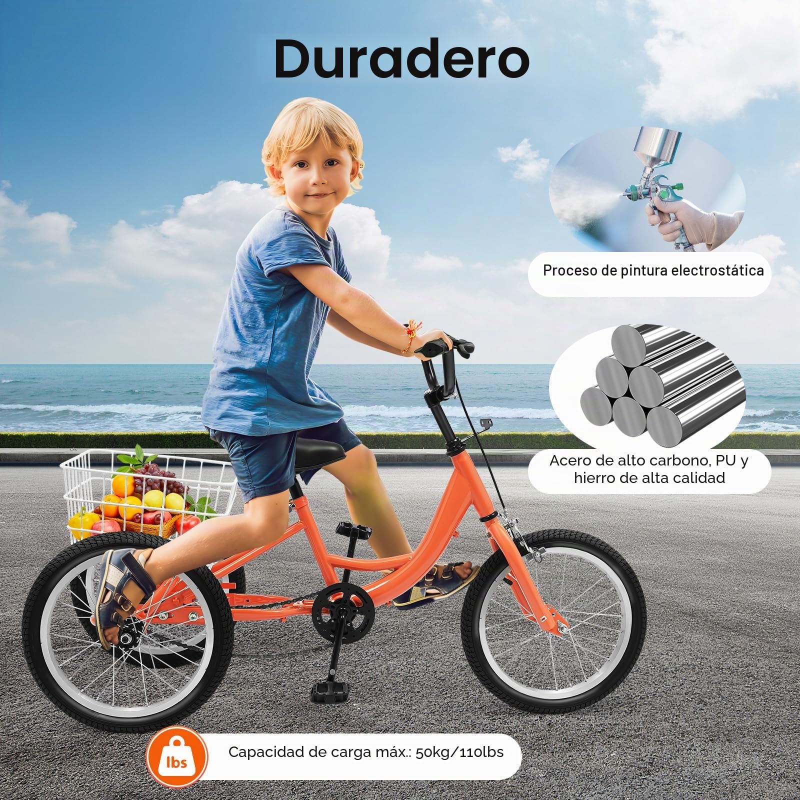 Bicicleta de triciclo de 16 pulgadas, 3 ruedas para niños con cesta de la compra, sillines de altura ajustable, triciclo infantil para niños a partir de 7 – 10 años