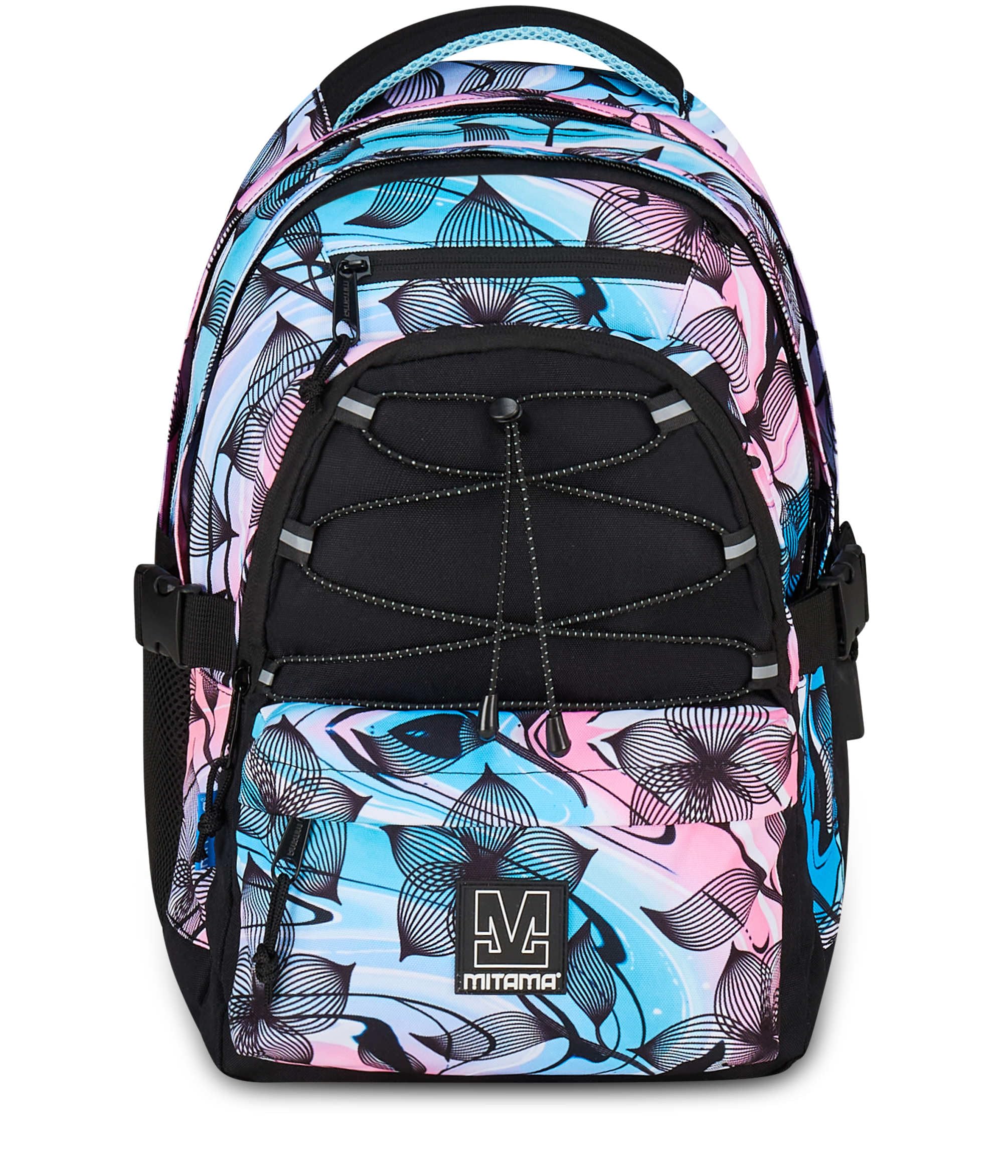 Mitama Zaino Scuola #BDBF FLOWER BREEZE, Celeste, Zaino Triplo Scomparto, Tasca Porta Borraccia, Porta USB Integrata, Larghezza Regolabile, Zaino Scuola Media e Superiore, Ragazza