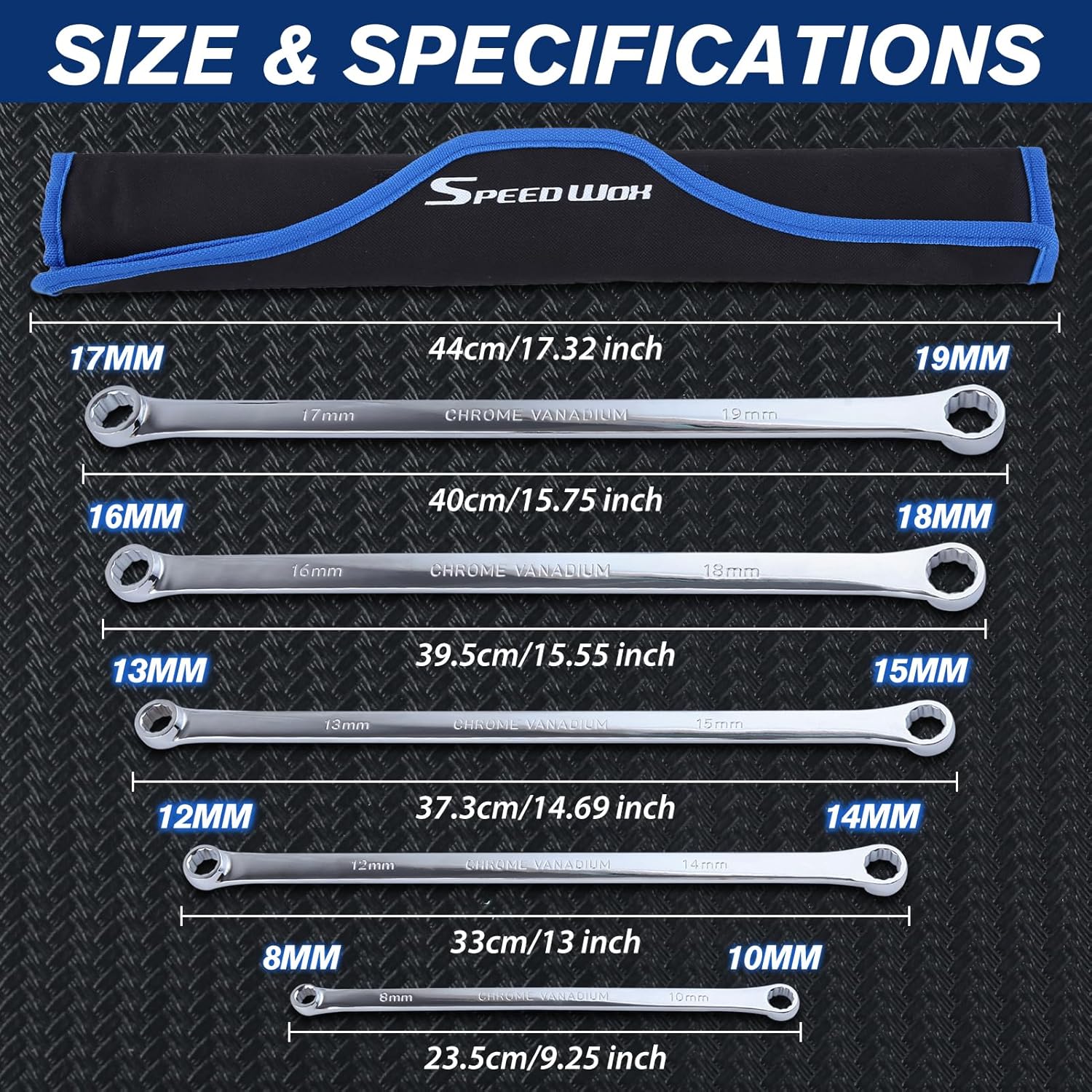 SPEEDWOX 5PCS Extra Long Double Box End Wrench Set Chrome Vanadium Steel Aviation Wrenches Mirror polished 8mm, 10mm, 12mm, 13mm, 14mm, 15mm, 16mm, 17mm, 18mm, 19mm, Organized in Rolling Pouch