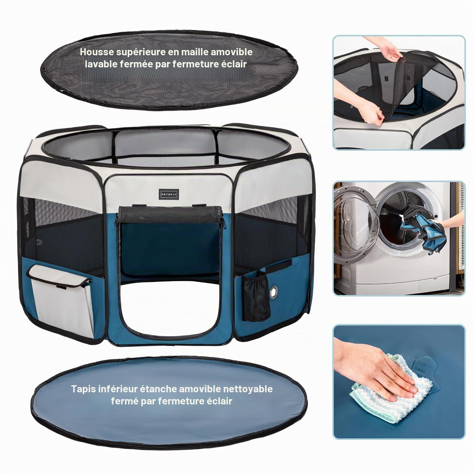 PETSFIT Enclos Pliable pour Petits Animaux, Chiens, Chats, avec Fond étanche, système Pop-up, Design Anti-Mastication, Gris/Bleu, 116 x 106 x 70 cm