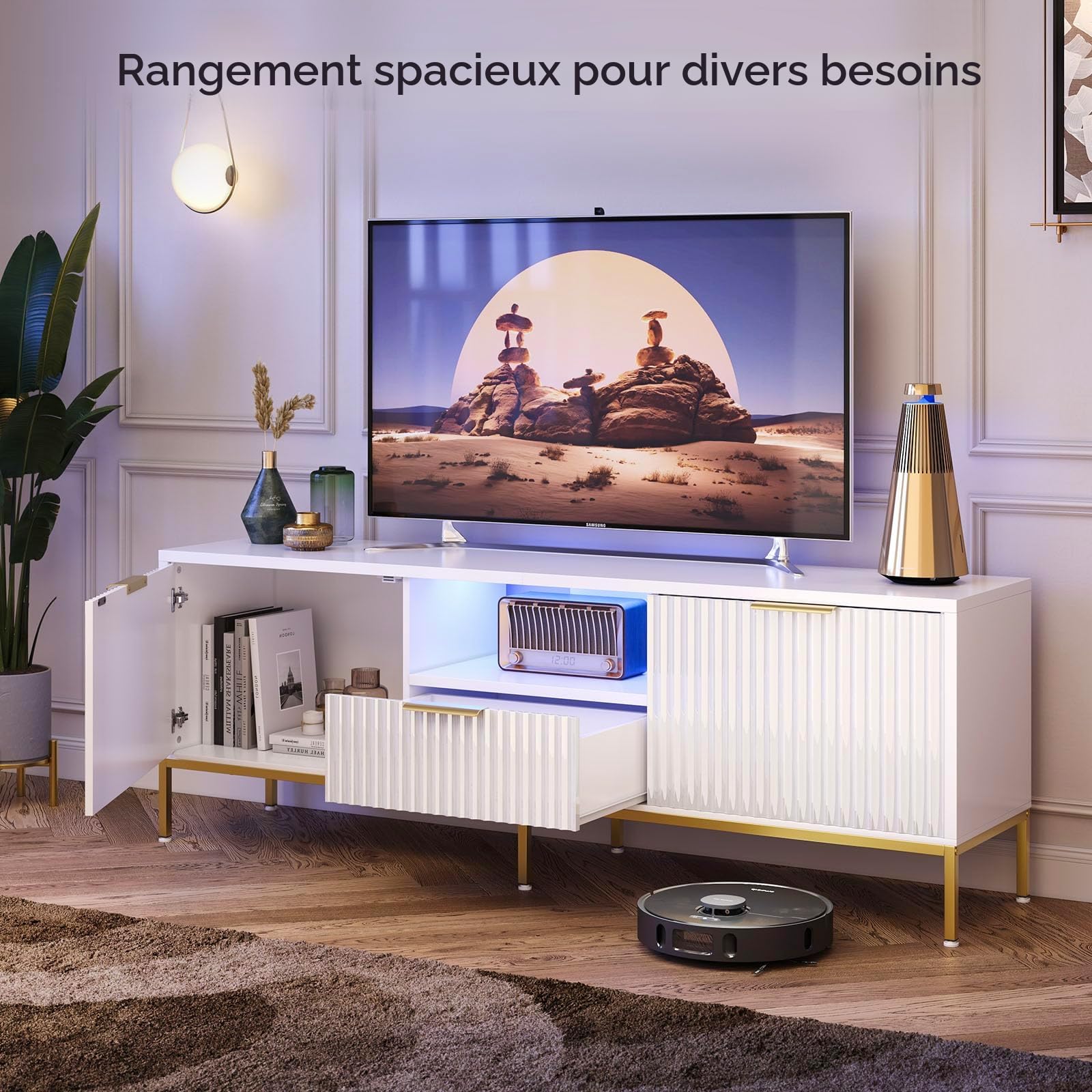 Bestier Meuble TV pour téléviseurs 55/60 Pouces, Meuble multimédia Moderne avec Rangement, Console multimédia avec Motif ondulé pour Salon et Chambre à Coucher, Blanc Brillant