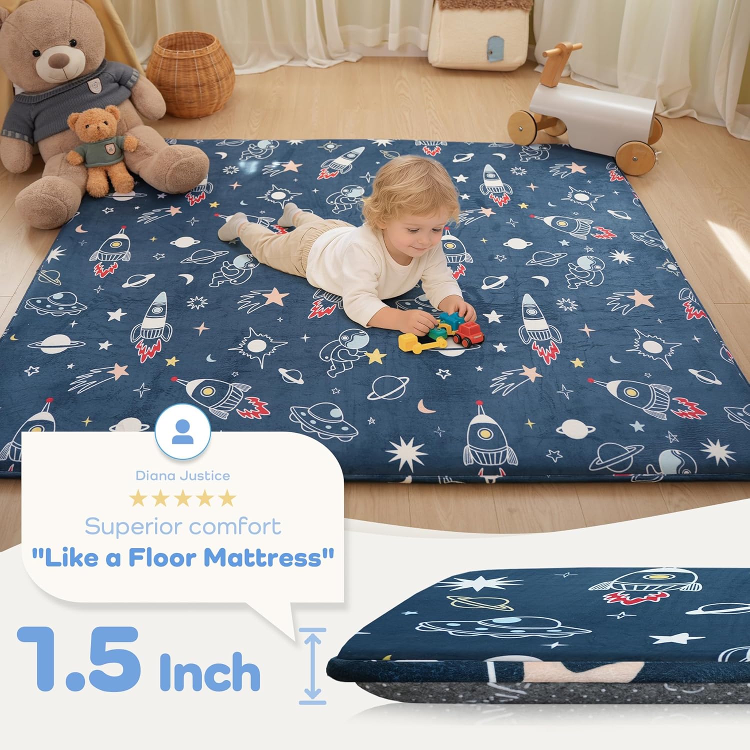 1.5" Thick Premium Baby Floor Play Mat, 71x59 Over-Sized Padded Memory Foam Mat, Tummy Time Crawling Playmat for Nursery Kids Playroom, Space Adventure
