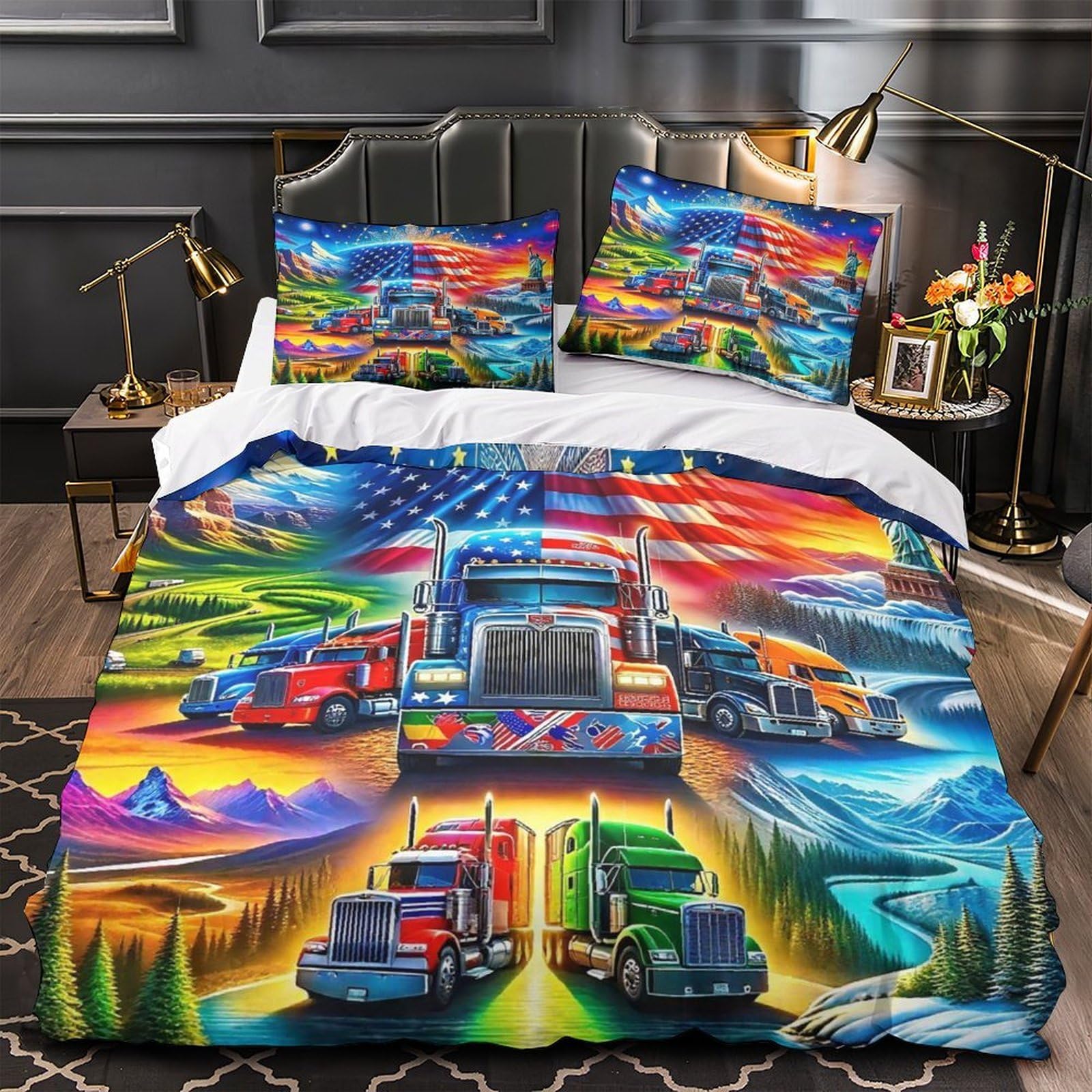 Parure de lit camion 3D microfibre 140x200 fantaisie pour chambre garçon et fille