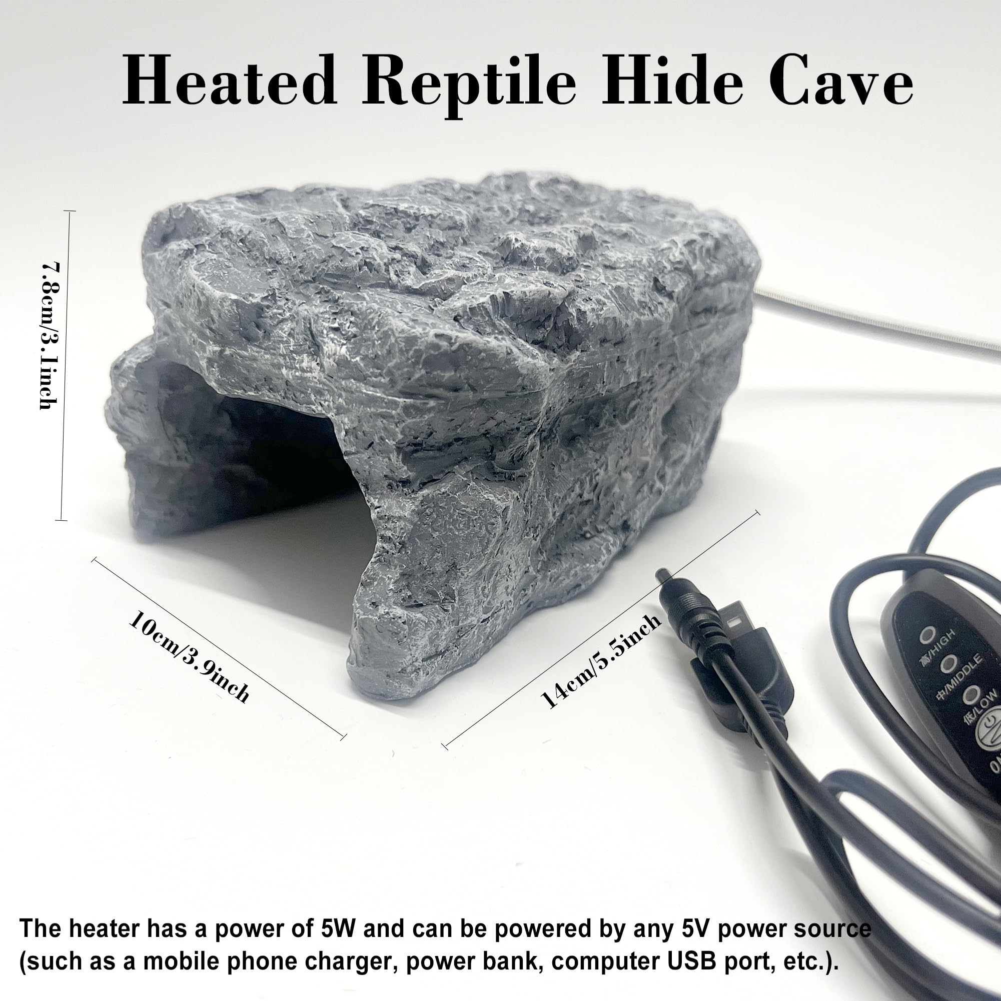 Cueva de reptiles con calefacción – Escondite de roca con temperatura ajustable, roca de calefacción con termostato para dragones barbudos, pitones de bola, gecos de leopardo y animales pequeños