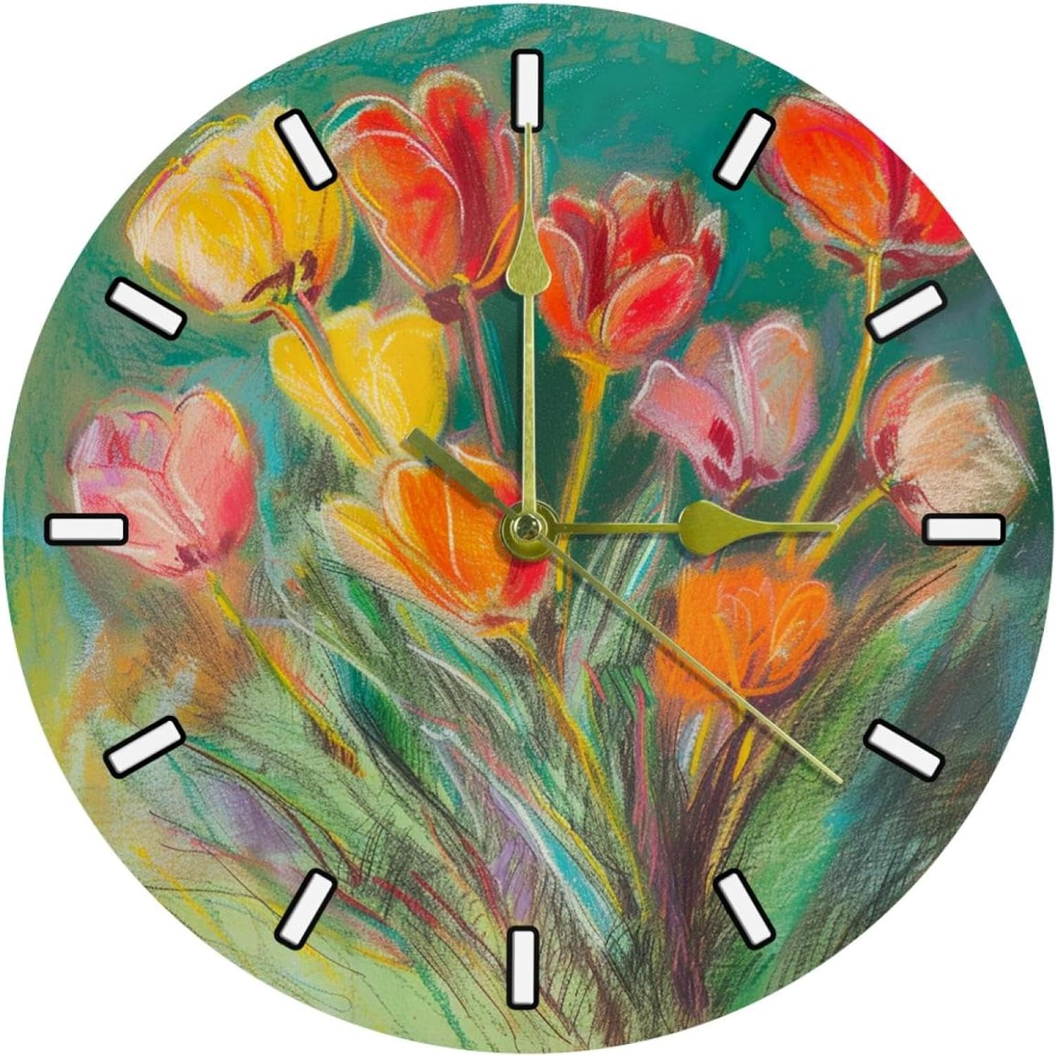 Wall Clocks Battery Operated,Modern Clocks,Tulips Flower Watercolor,Round Silent Clock 9.85 in