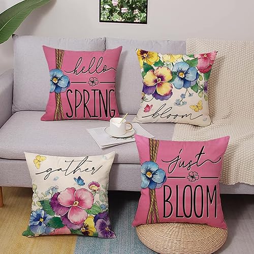 Miniatura 7 de Fjfz Juego de 4 fundas de almohada decorativas de gnomo de primavera, 18 x 18 pulgadas, diseño de tulipán, lirio, margaritas, flores, porche,