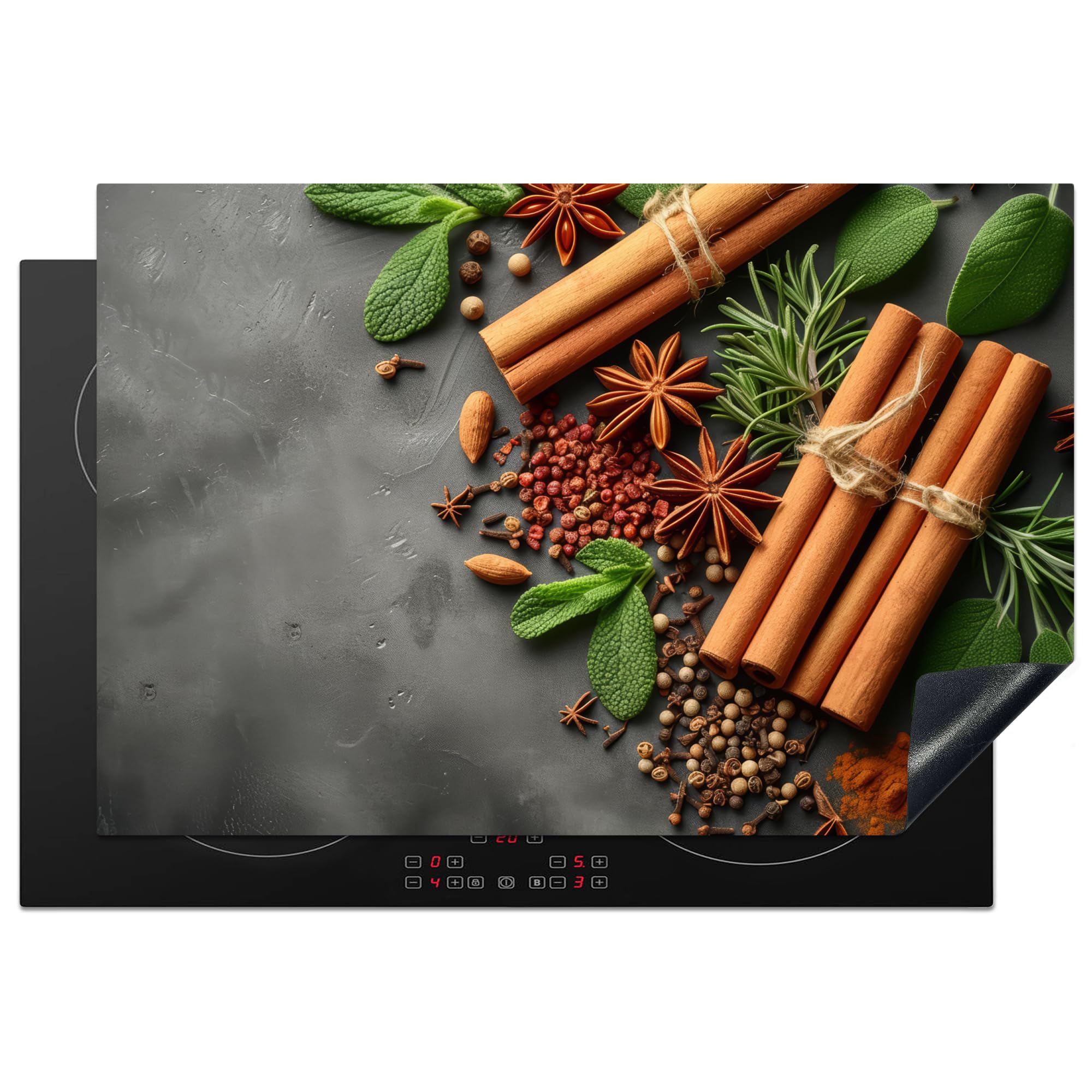 KitchenYeah© Induction Hob Cover Protector Mat 20.5"x30.7" / 78x52 cm Kitchen Universal Ceramic Covers for Electric Cookers Vinyl Cinnamon - Spices - Concrete - Leaves - Cuisine