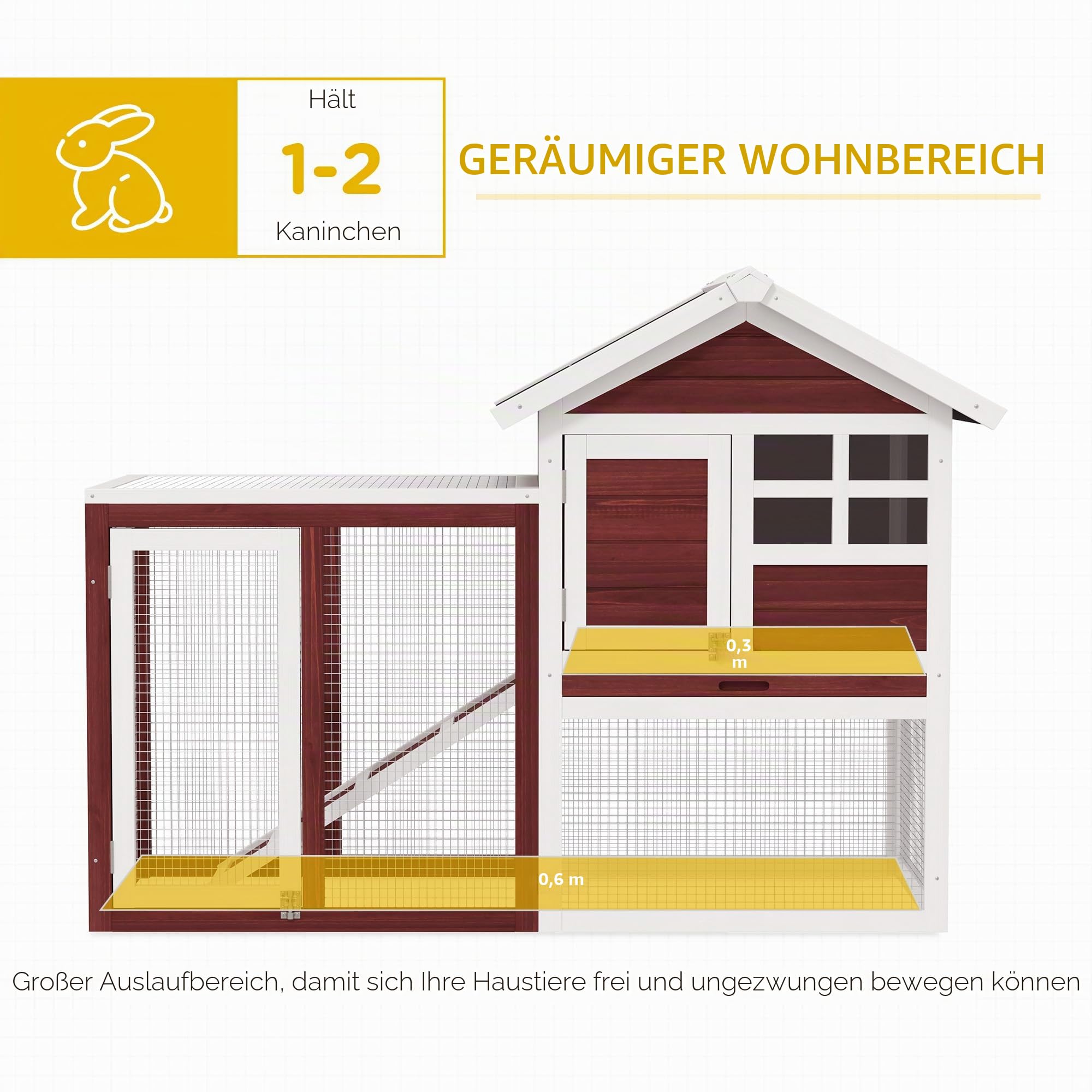 PawHut Kaninchenstall Mehrzweck-Kaninchenstall: obere Nische mit Rampe, Kotplatte, Fenster + sicheres Außengehege 2 Türen 122L x 63l x 92H cm Ziegelrot