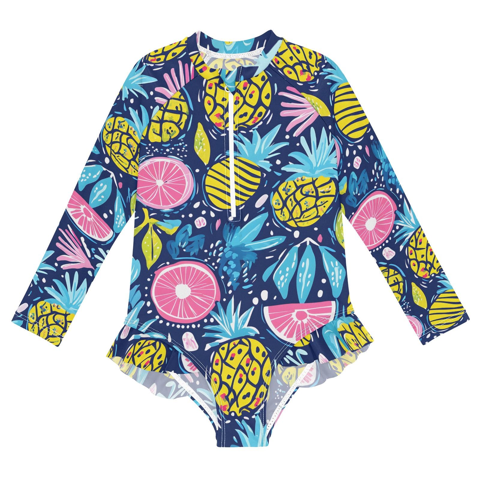 ALAZA Bathing Suits for Girls Toddler Girl Swimsuit Pineapple Fruits Long Sleeve UPF 50+ 5-6T