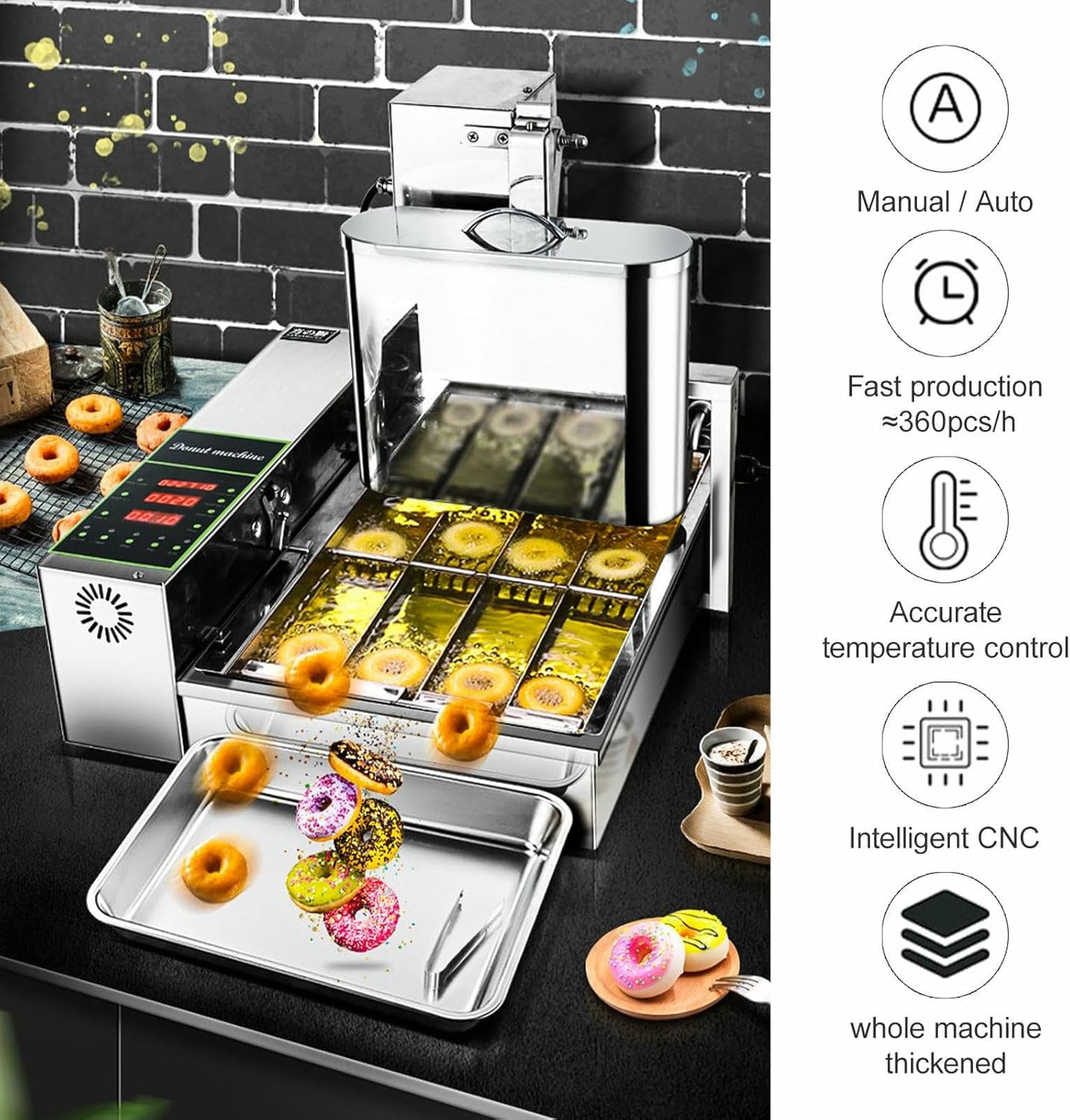 Machine À Beignets Commerciale Avec Affichage Numérique, Construction En Acier Inoxydable, Épaisseur Réglable, Trémie De 5,5 L, Sortie 360 ​​pièces/h, Retournement Automatique Pour Une Production