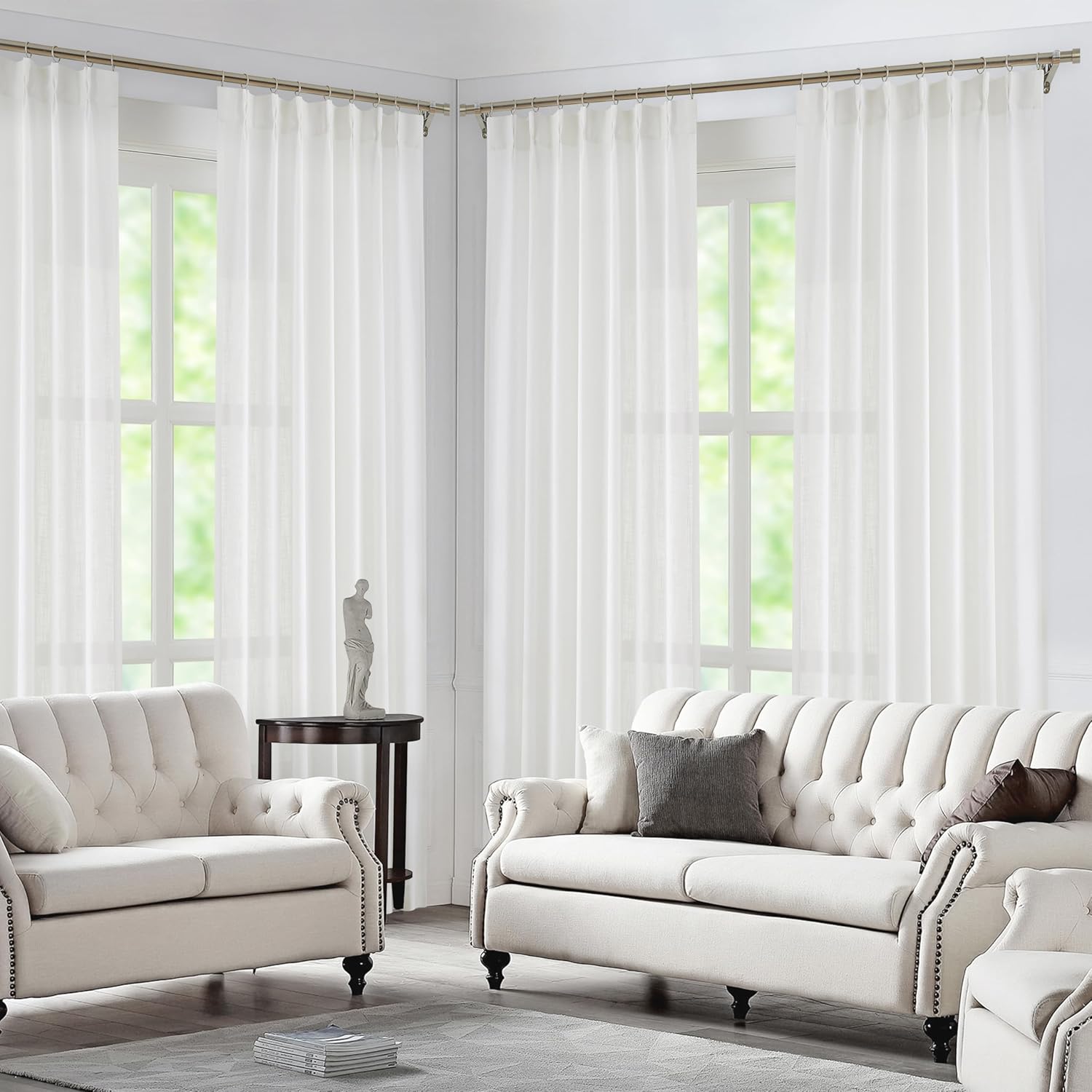 WEST LAKE 102 Inches Long White Semi Sheer Curtains for Living Room,Back Tab Bailey Pinch Pleated Drapes Privacy with Light Filtering,Farmhouse Linen Look Window Treatment for Bedroom,40" Wx102 Lx2 40"x102"x2 White