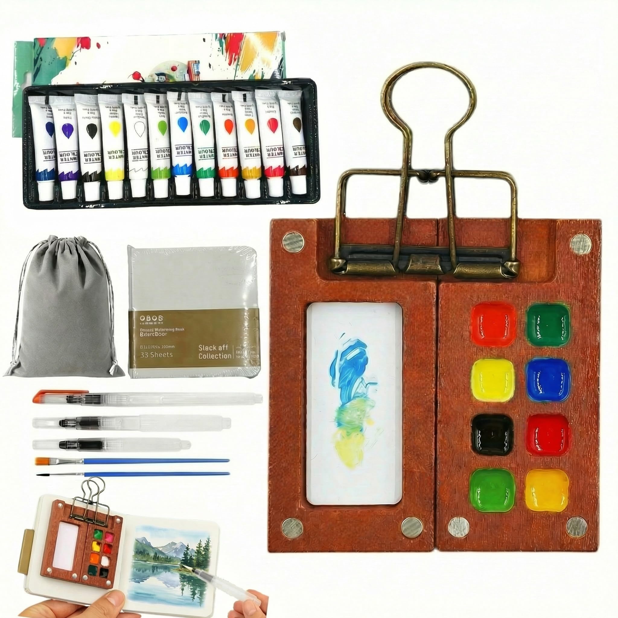 Photo 1 of **MISSING A FEW PIECES***Mini Watercolor Paint Set, Travel Watercolor Set, Watercolor Kit, Pocket Artist Water Color Set with Paint, Brush, Storage Pouch, Sketchbook & Copper Clip for Beginners, Artists & Painting Enthusiasts