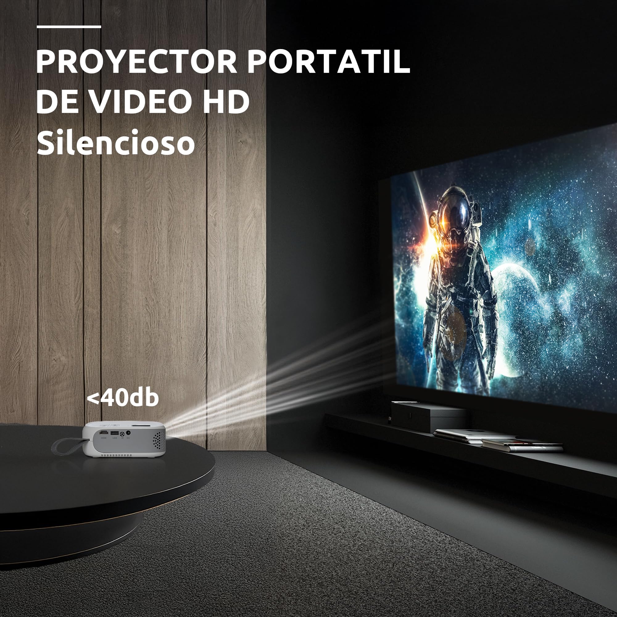 STRONG - Mini Proyector de Vídeo N1 - Resolución HD 720p Compatible con Full HD 1080p - 120 ANSI Lúmenes - Distancia de proyección 0,9 a 6,2 m - Conectividad HDMI/USB/AV + Salida de Audio - Blanco