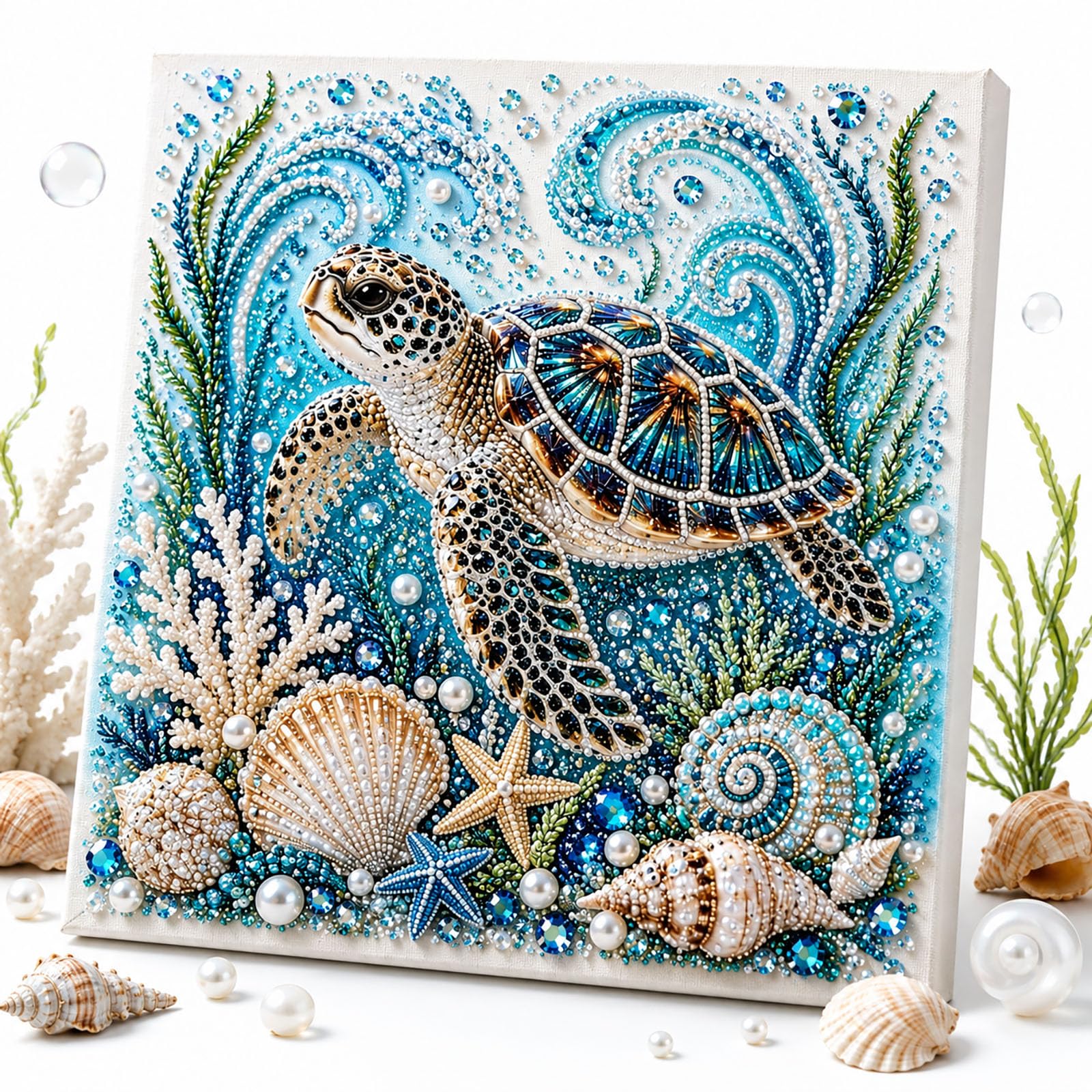 Everydries Ocean Theme Pearl Art DIY Kit, Octopus Diamond Art, Wall Art, Pearl Painting Kits for Adults, 3D Diamond Seashell Art (Turtle)