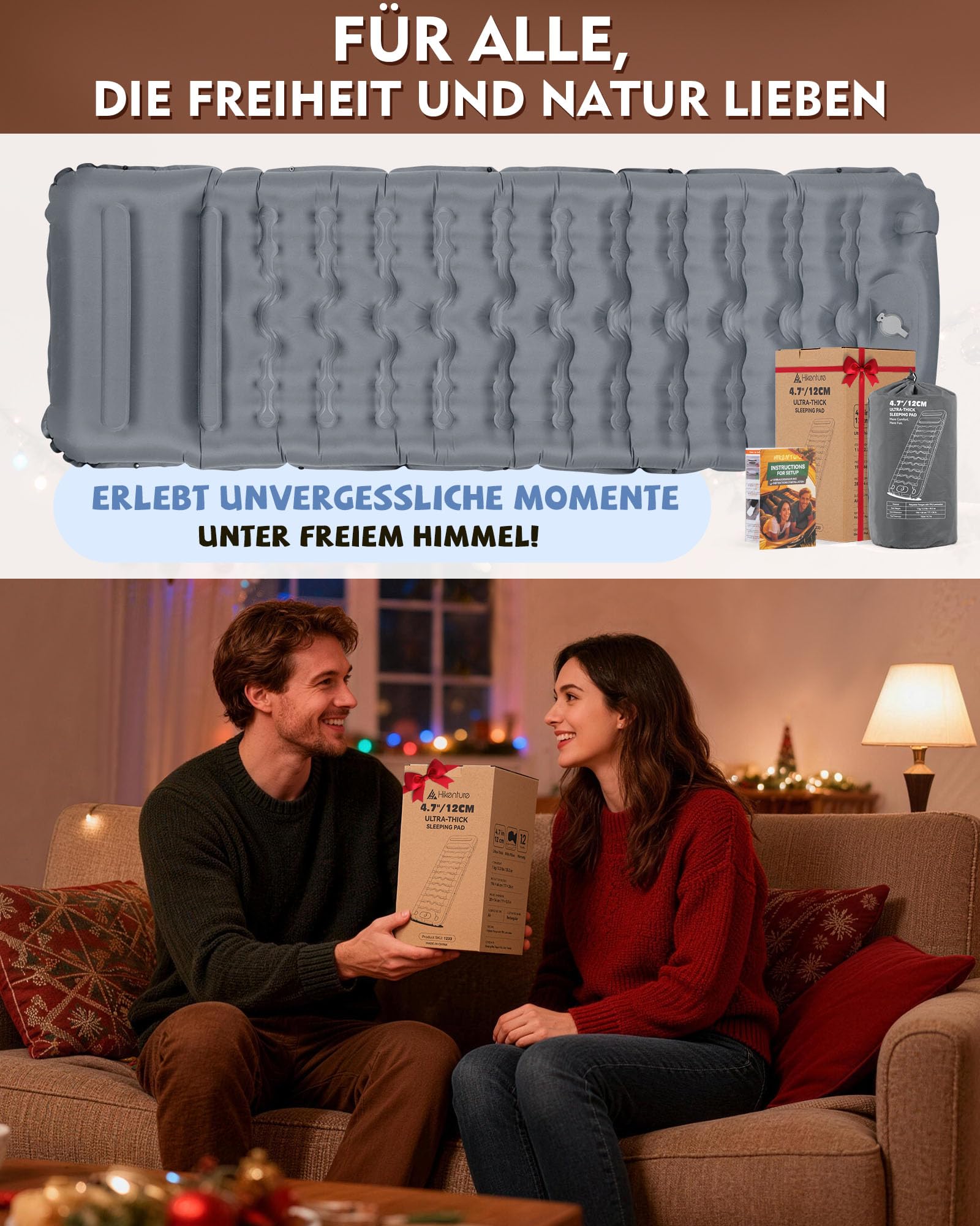 HIKENTURE Esterilla isotérmica para camping, 12 cm, ultragruesa, ultraligera, con almohada, colchón inflable, tamaño pequeño, colchón de aire hinchable, colchoneta para dormir con bomba de pie para