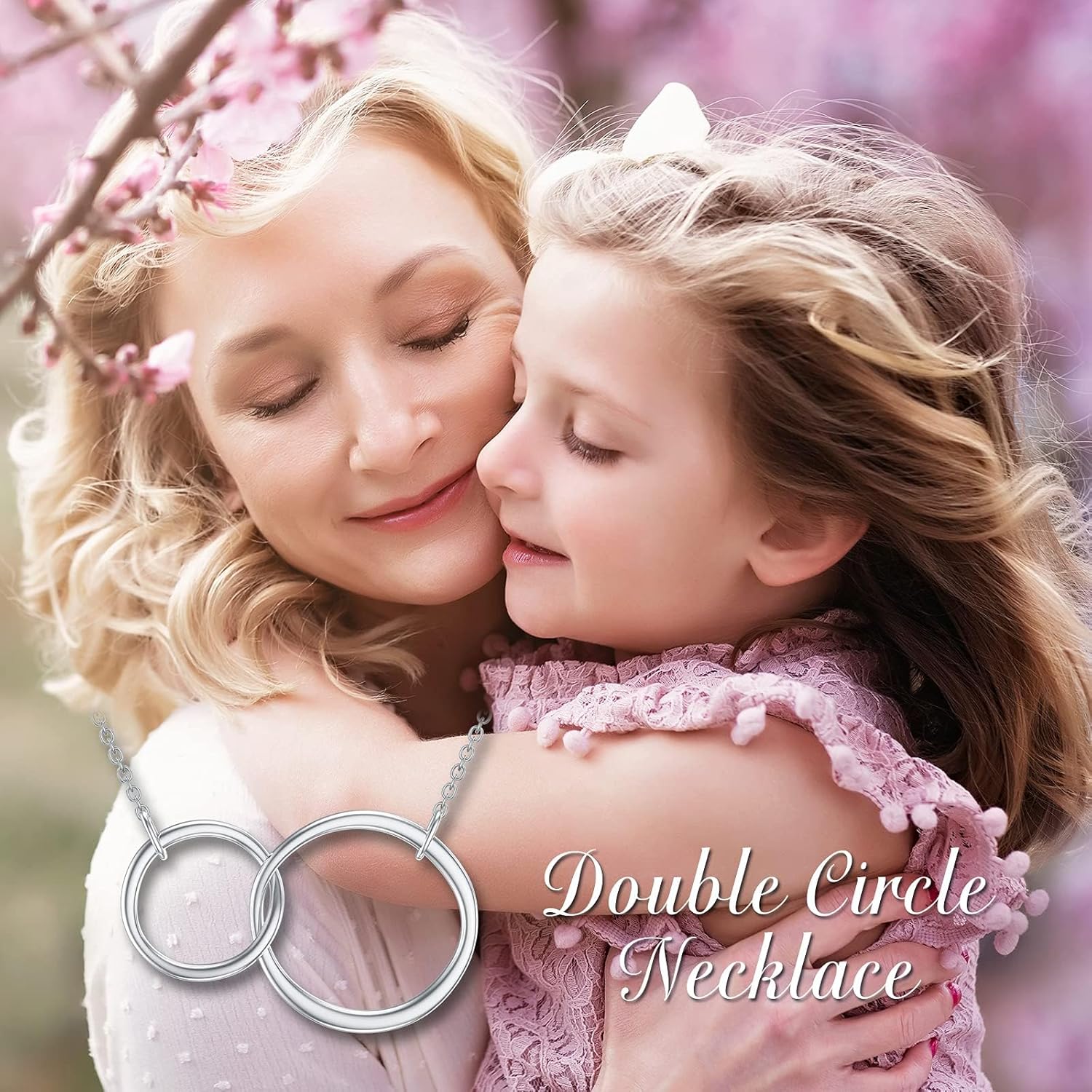 14K Gold Interlocking Circle Necklace Double Two Circles Mother Daughter Necklace Mom Jewelry Christmas Gifts Mothers Day Gifts for Mom Women Sister, 16+2 Inch