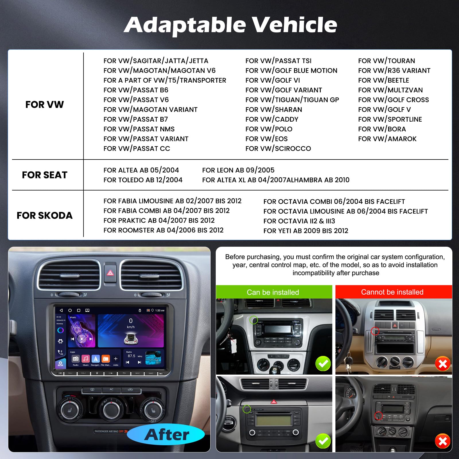 4+64G Android 15 Radio Coche para VW Golf 6 Seat Leon Passat Tiguan Polo Golf 5 Jetta Sharan T5 con Carplay Inalámbrico Android Auto Inalámbrico - 9" Pantalla Táctil WiFi FM/RDS GPS BT Cám