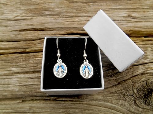Miniatura 5 de Pendientes de medalla milagrosa, medalla milagrosa latina de media pulgada, aretes de Nuestra Señora de Gracia, aretes de gancho de plata esterlina,