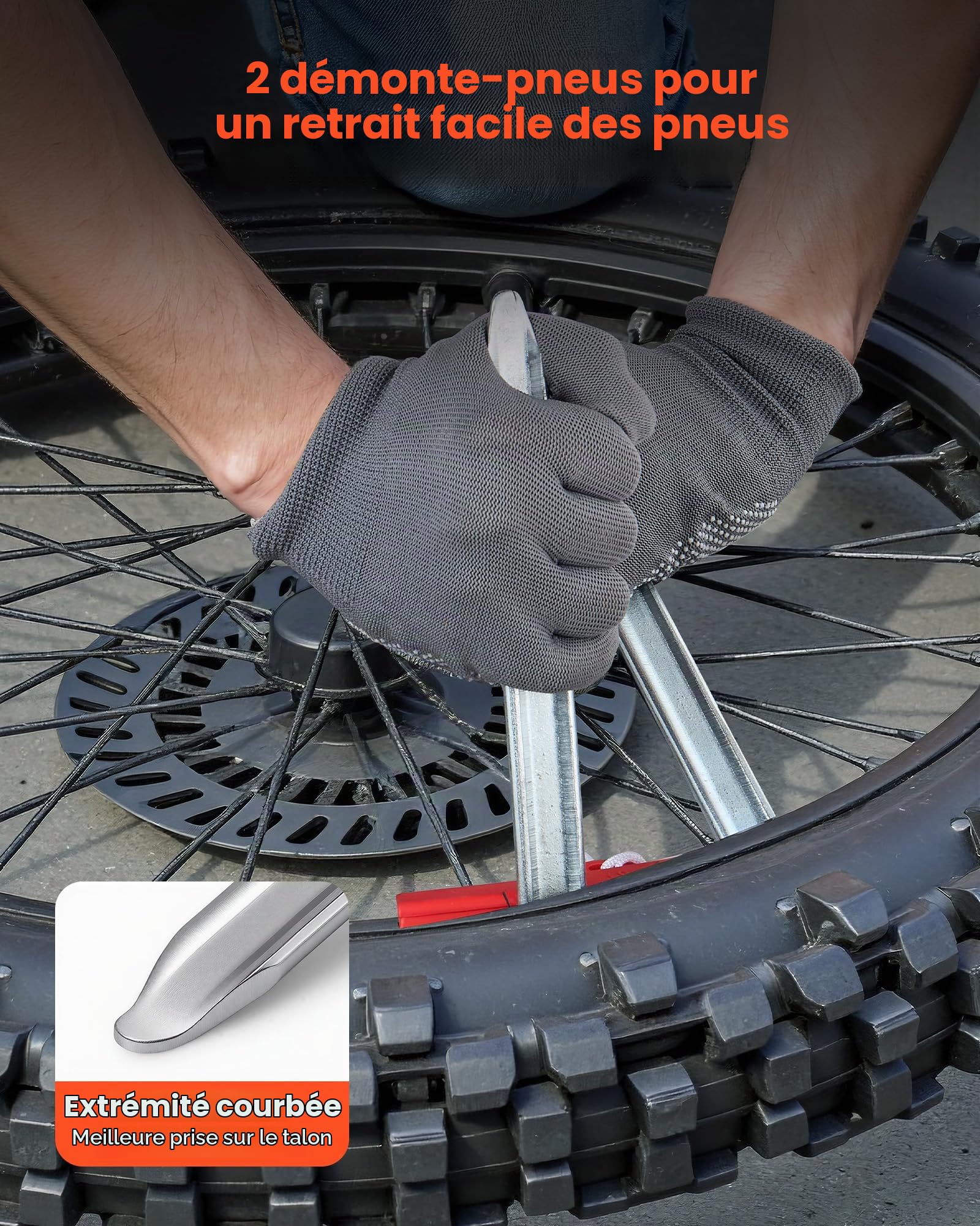 VEVOR Outils de Changement de Pneus pour Motos Tout-Terrain, Démonte Pneu Manuel avec Adaptateurs d'Axe 15-25 mm, 2 Leviers à Pneumatique et Clés, Compatible avec Roues 406-533 mm Motocross Enduro