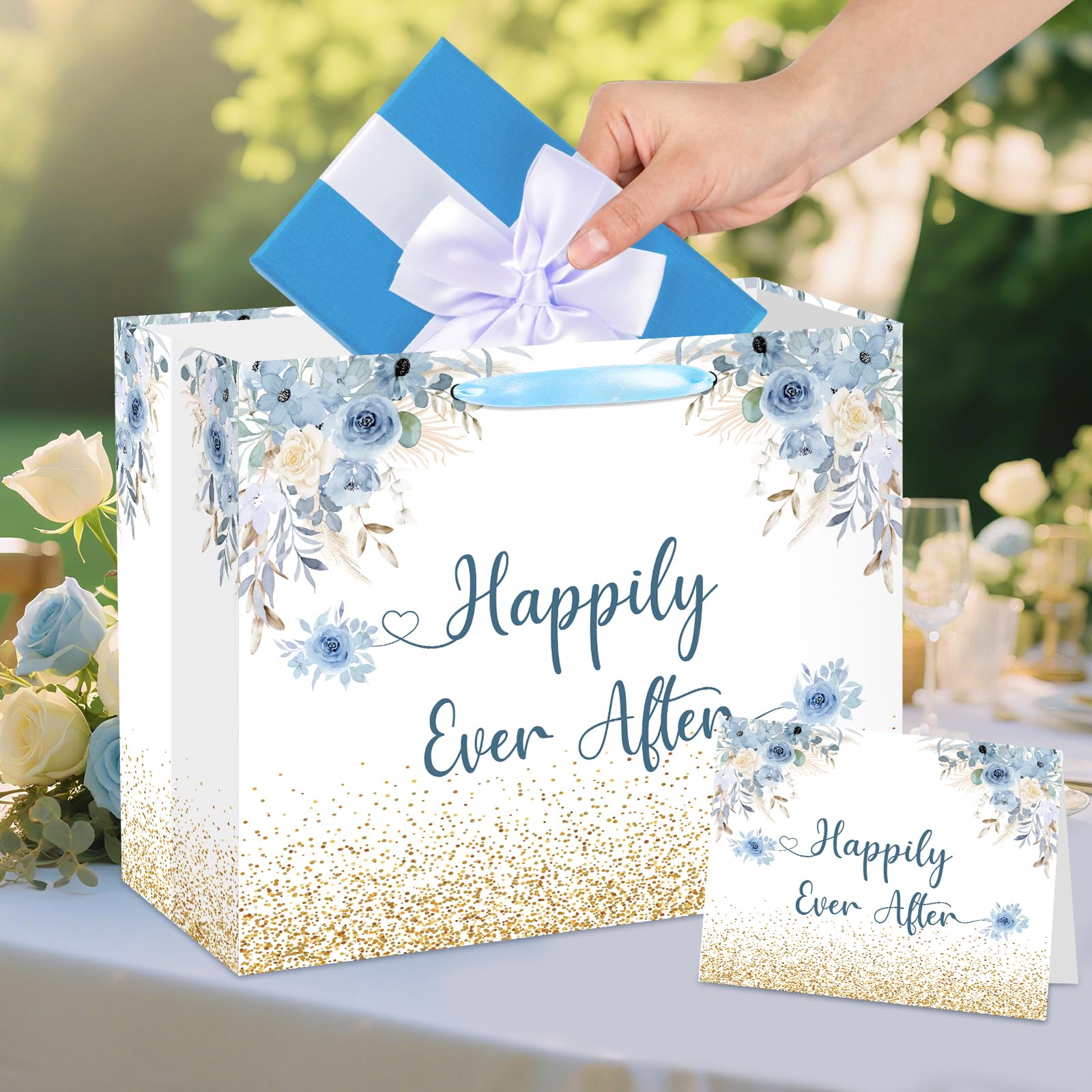 Wedding Gift Bag Bridal Shower Gift Bag with Tissue Paper and Card Engagement Bride to Be Paper Bags Happily Ever Life Wedding Wrapping Paper for Bride to Be Engage Bachelorette Party Supplies Decor