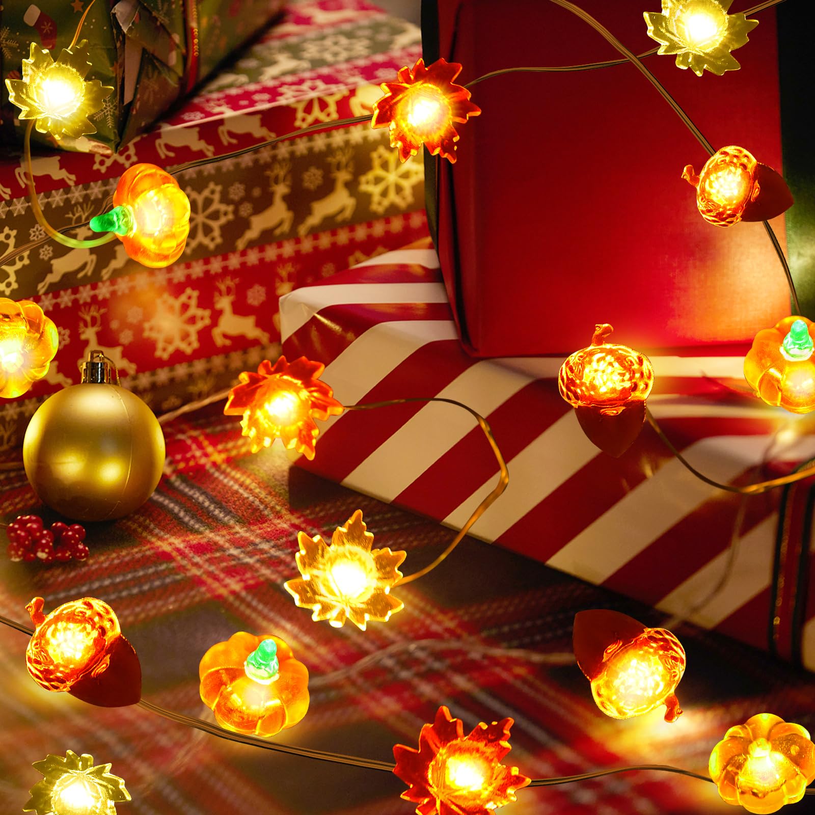 Mimorou 106-teiliges Herbst-Deko-Set – 6 LED-Ahornblatt-Lichterketten (18,3 M), Kürbisse, Tannenzapfen & Blätter Für Thanksgiving & Halloween