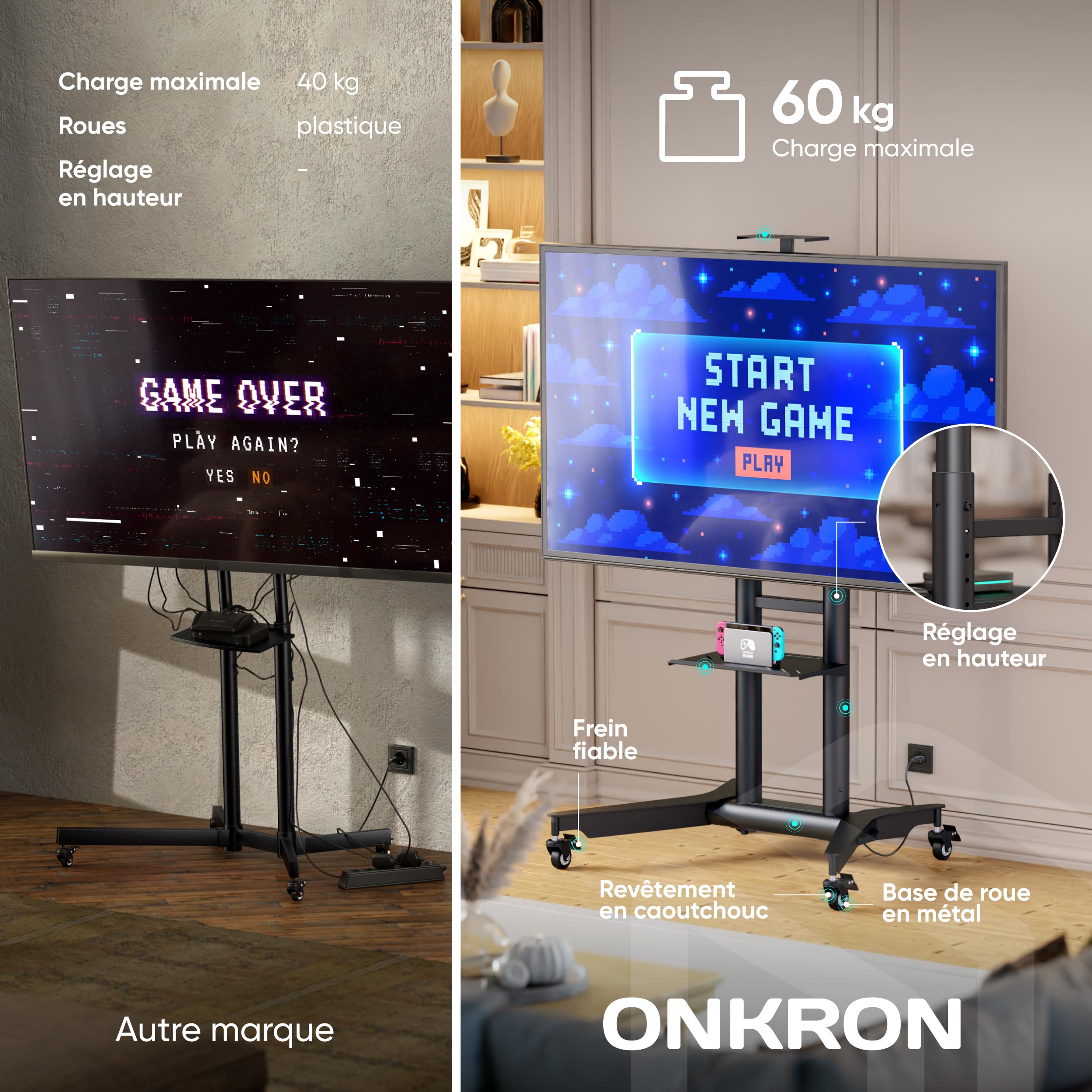 ONKRON Support TV Mobile pour 32-75 Pouces, Chariot Tele Roulant Charge Max de 60 kg, Support TV sur Pied avec roulettes VESA 200x200-600x400, Meuble TV sur Pied Hauteur Réglable Noir TS1571-B
