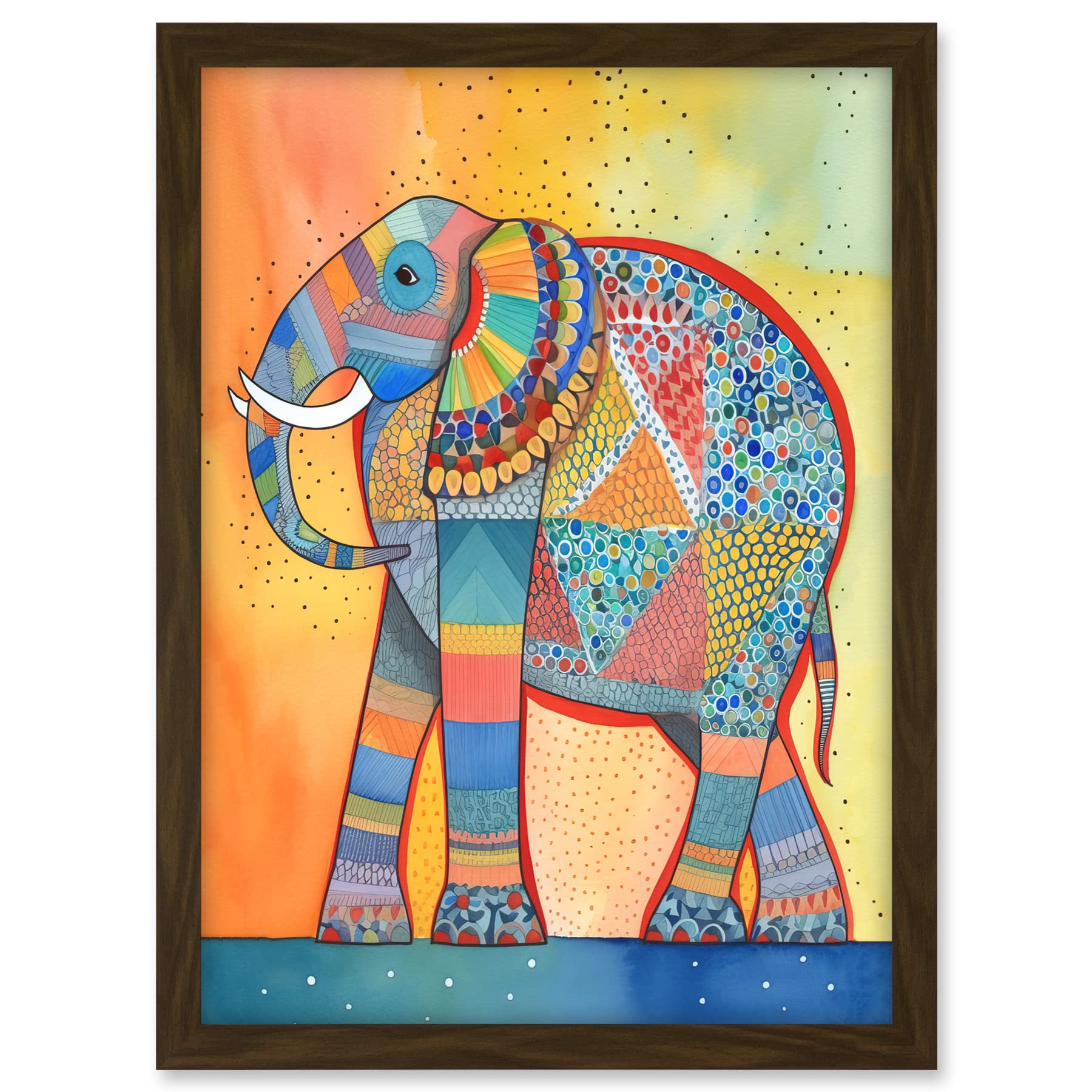Artery8 Elephant With Geometric Patterns Folk Art Watercolour Painting Artwork Framed A3 Wall Art Print