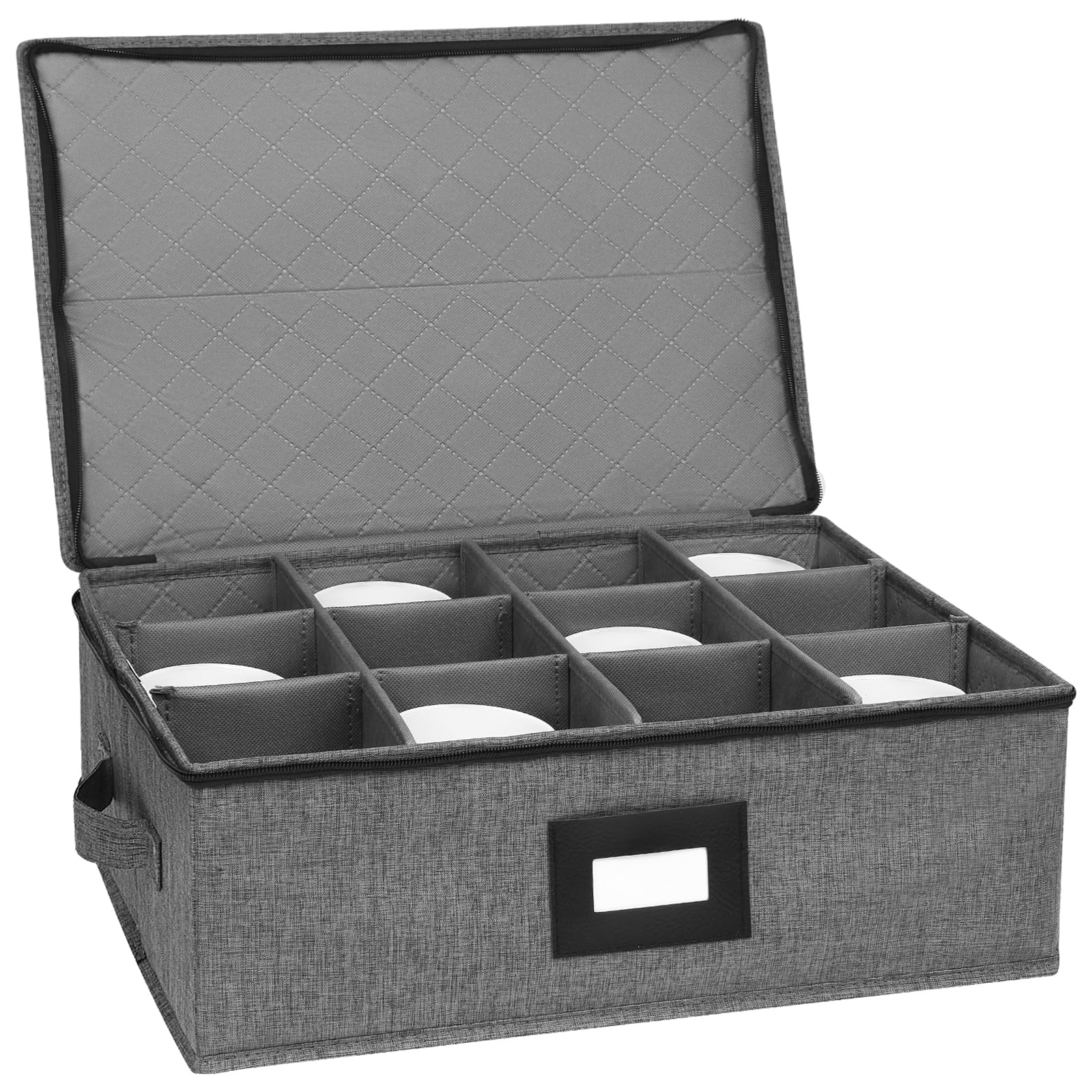 Mug Storage Box with Dividers, China Storage Containers for Tea Cups and Coffee Mugs with Zipper Lid and Rivet Reinforced Handles, Hard Shell and Stackable (Black)