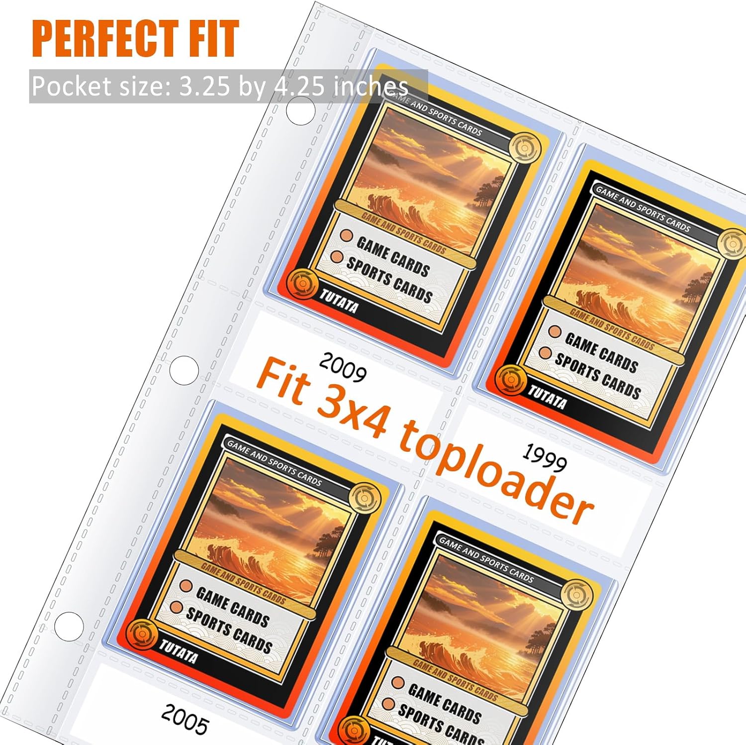 4 Pocket Top Loader Sleeves, Trading Card Binder Pages, Baseball Card Storage Sleeves for 3 Ring Binder-50 Pages