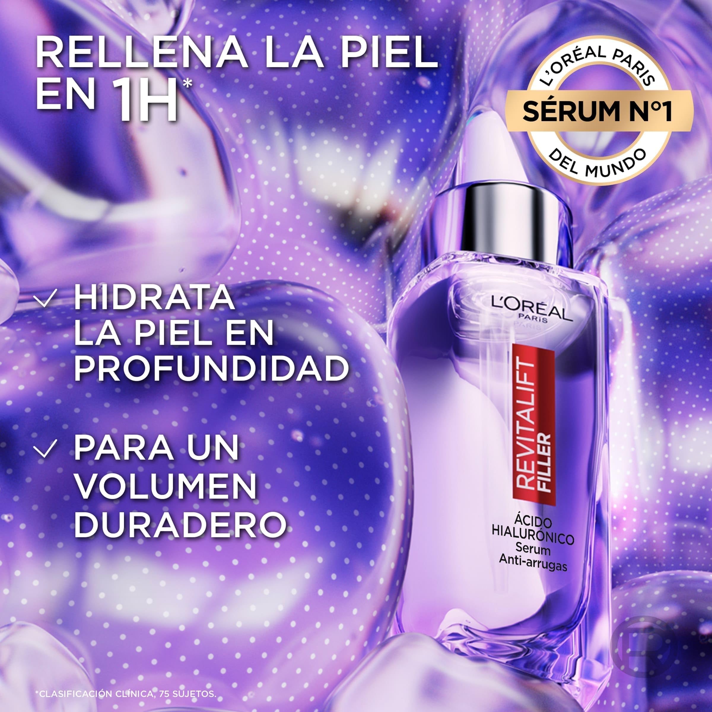 Rutina L'Oréal Paris Revitalift Filler Sérum Antiedad y Antiarrugas con Ácido Hialurónico 30ml + Sérum de Ojos con cafeína Antiojeras, 20ml + Crema de Día Rellenadora con Protección Solar SPF 50, 50ml