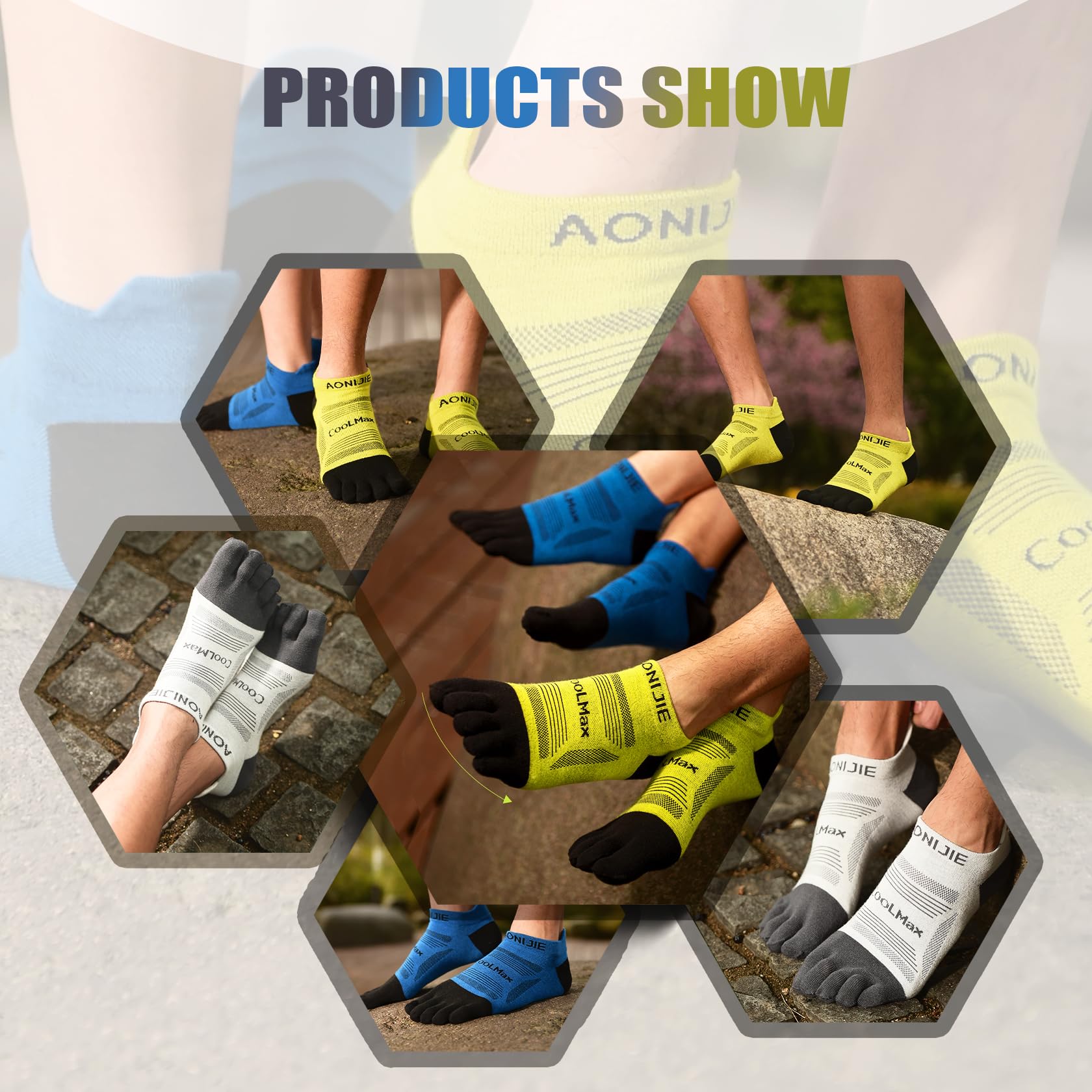 AONIJIE Chaussettes à orteils pour homme et femme haute performance athlétique course à pied 5 doigts, E4839# 3 paires/bleu, jaune, gris clair, Medium