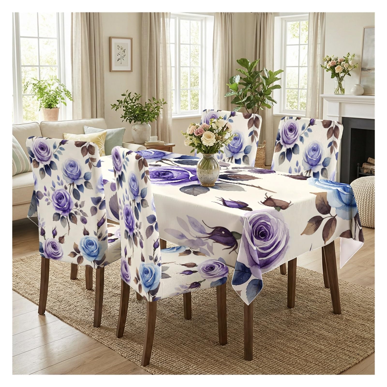 KXUAUV Purple & Blue Rose Print Tablecloth & Chair Covers Set, Slipcovers For Dining Room, Kitchen, Romantic & Elegant Decor, 5/7 Pack Party Decor(5pcs Set: Tablecloth+Chair Covers)