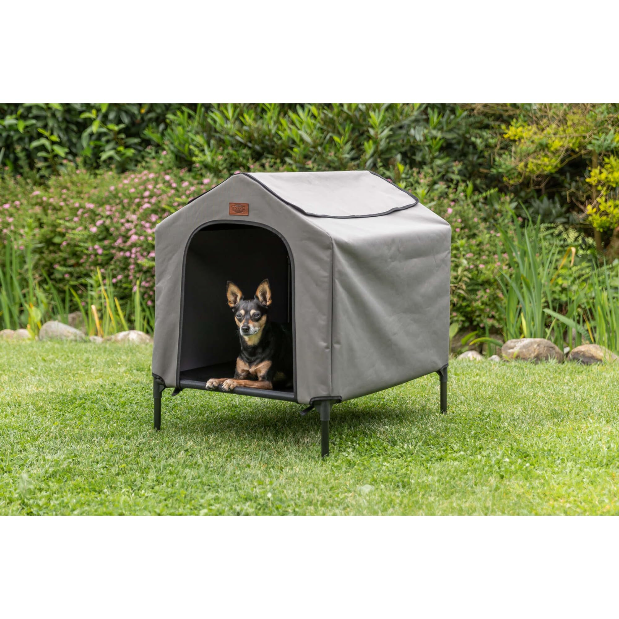 Trixie 2-in-1 Hundehütte und Hundebett, erhöhtes Zelt für drinnen und draußen mit abnehmbarer Abdeckung, wasserfest und UV-beständig, für kleine bis mittelgroße Hunde bis ca. 25 kg – 78 x 62 x 82 cm