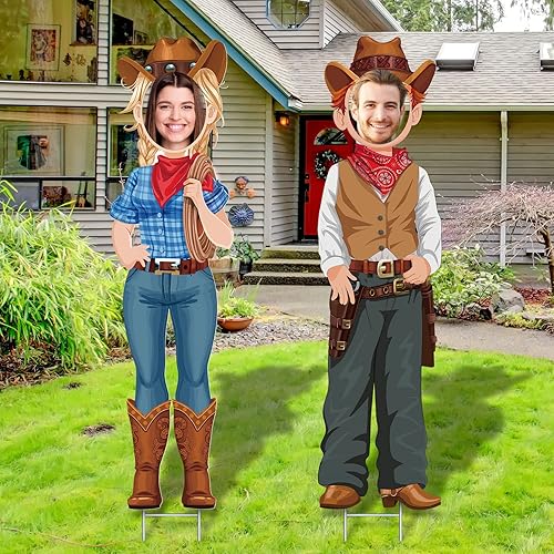Miniatura 8 de Capoda Decoraciones de fiesta occidental, 2 piezas de accesorios para fotos de pareja de vaqueros, letreros con temática del oeste con estacas para