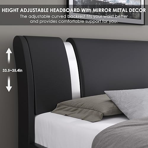 Miniatura 4 de 1Moderno armazón de cama tapizado de piel sintética con espejo de decoración de metal cabecero curvado soporte de listones de madera no necesita