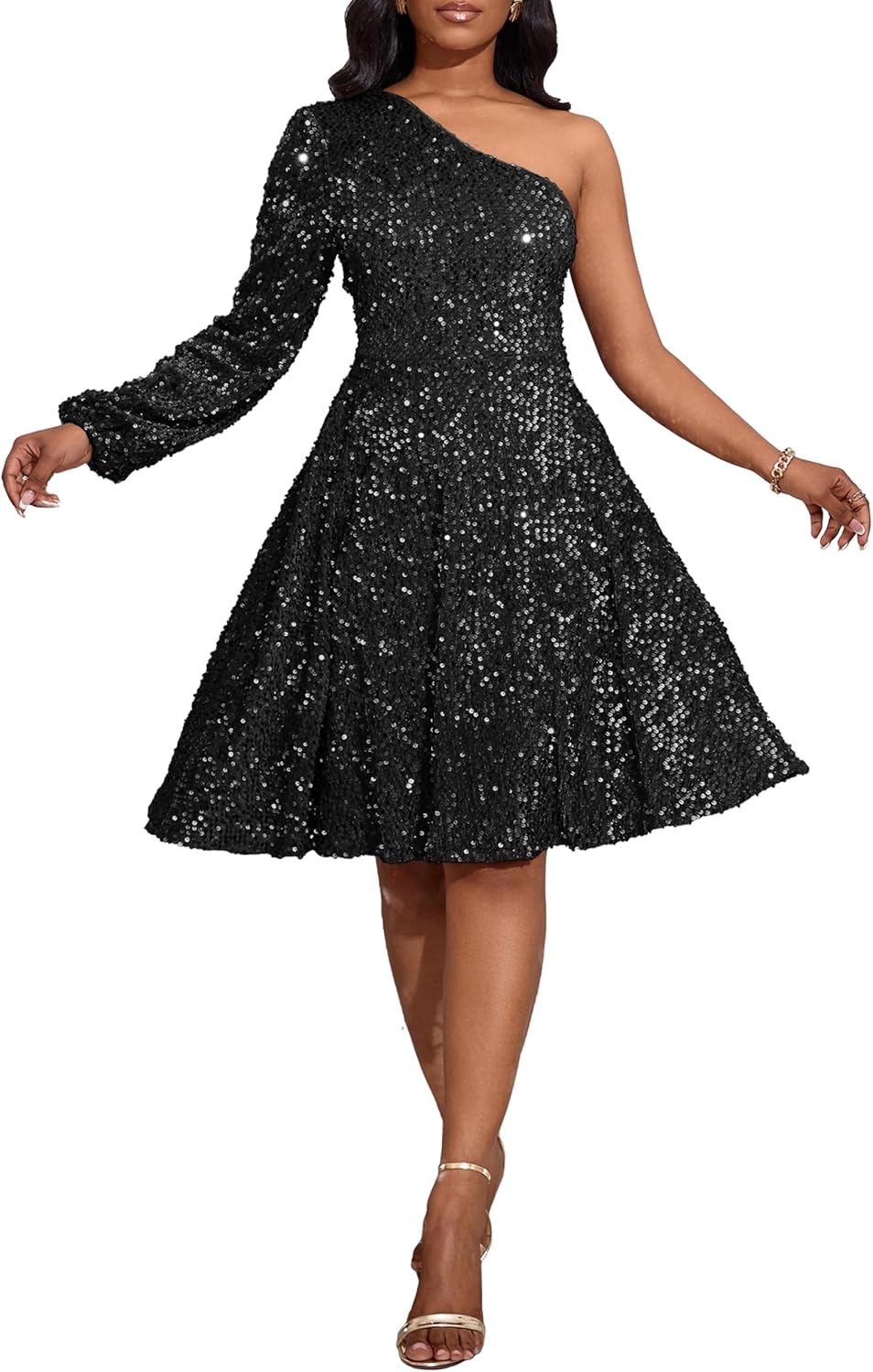 VERWIN Women's Sequins One Shoulder Long Sleeve Skater Dress - Sleeveless Midi Sparkly Casual Party Cocktail