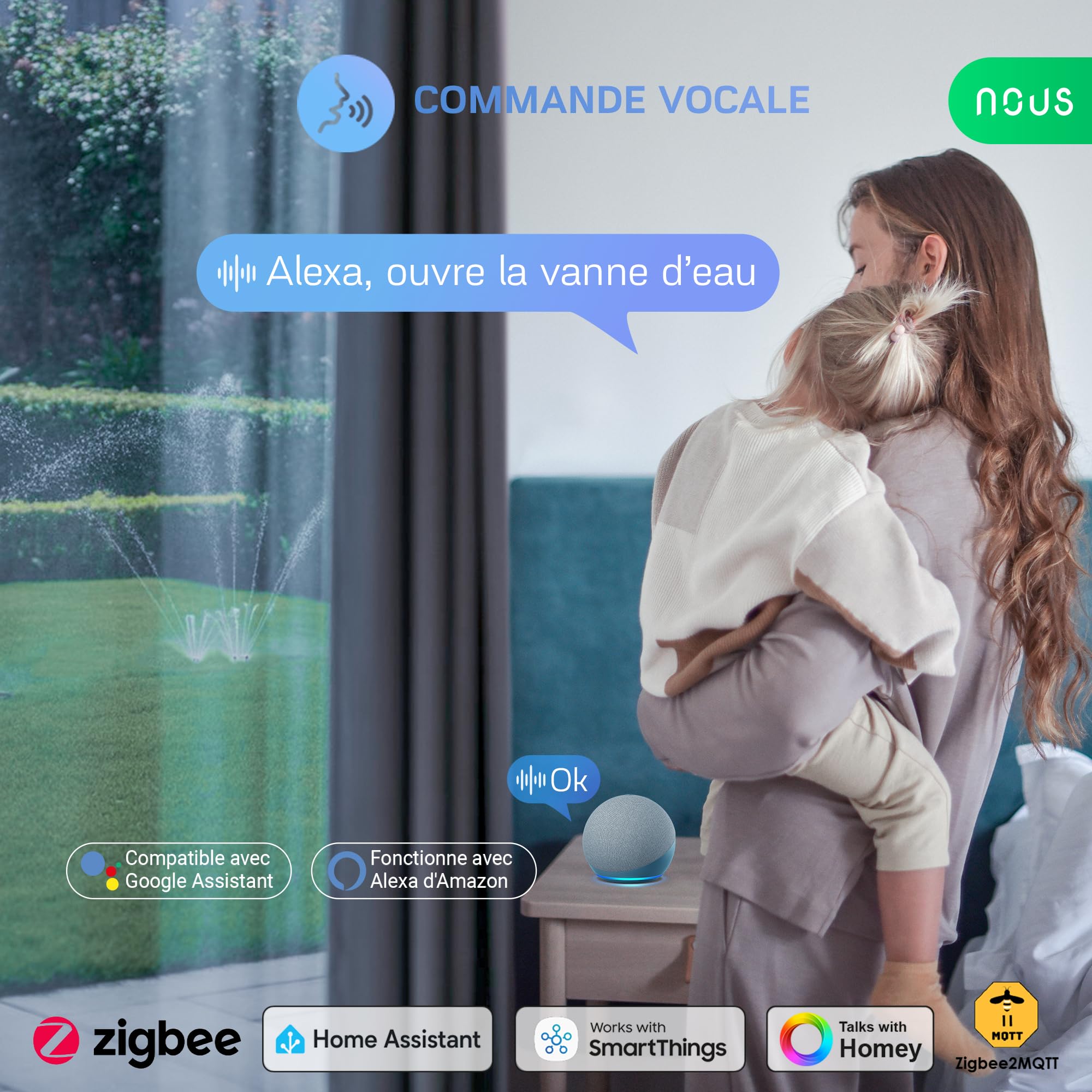 NOUS ZigBee inteligentny zawór kranowy, sterowanie nawadnianiem, IP66, kompatybilny z Alexa, Google Assistant, Smart Life, timerem i pilotem zdalnego sterowania z aplikacją, zasilanie bateryjne, 3/4