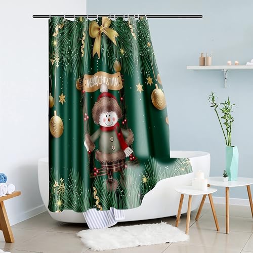 Miniatura 6 de Cortina de ducha de Navidad para baño cortinas de baño de hoja de pino verde cortina de baño de muñeco de nieve con campanas doradas decoración de