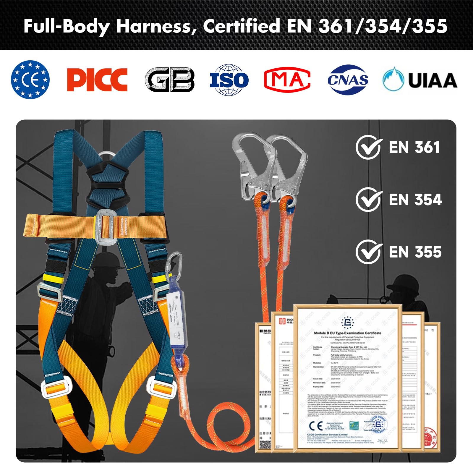 Absturzsicherung Sicherheitsgurt mit Energieabsorber, Doppel-Lanyard 1,8m & großen Haken aus Legierungsstahl, Max. Belastung 140 kg, EN 361/354/355, Fallschutz Auffanggurt für Dachdecker, Klettern