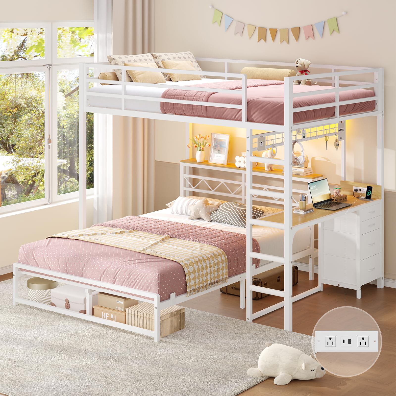 DICTAC Full Over Full Bunk Bed with Desk and Charging Station, White
